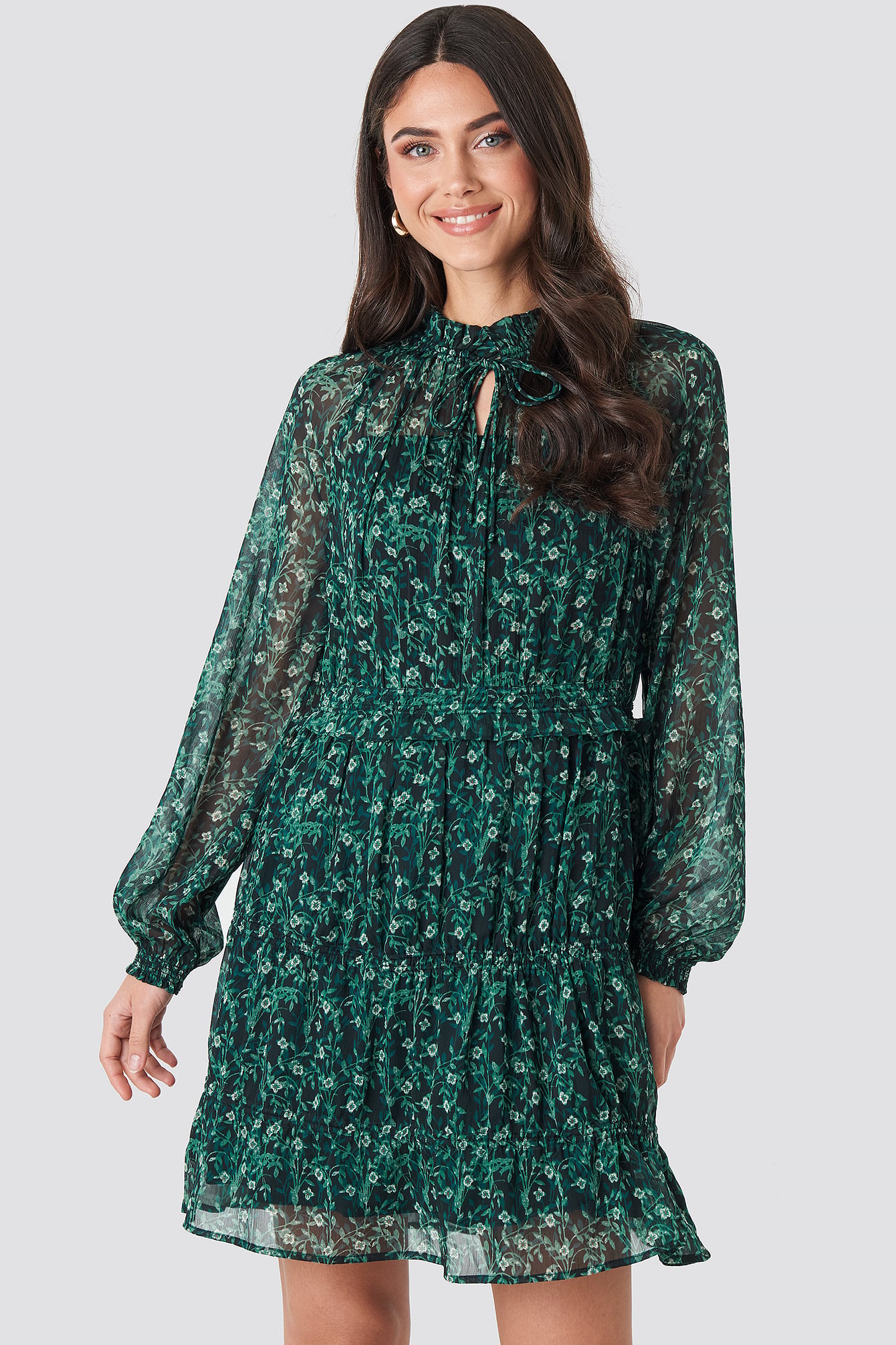Frill V-Neck Chiffon Mini Dress Green 