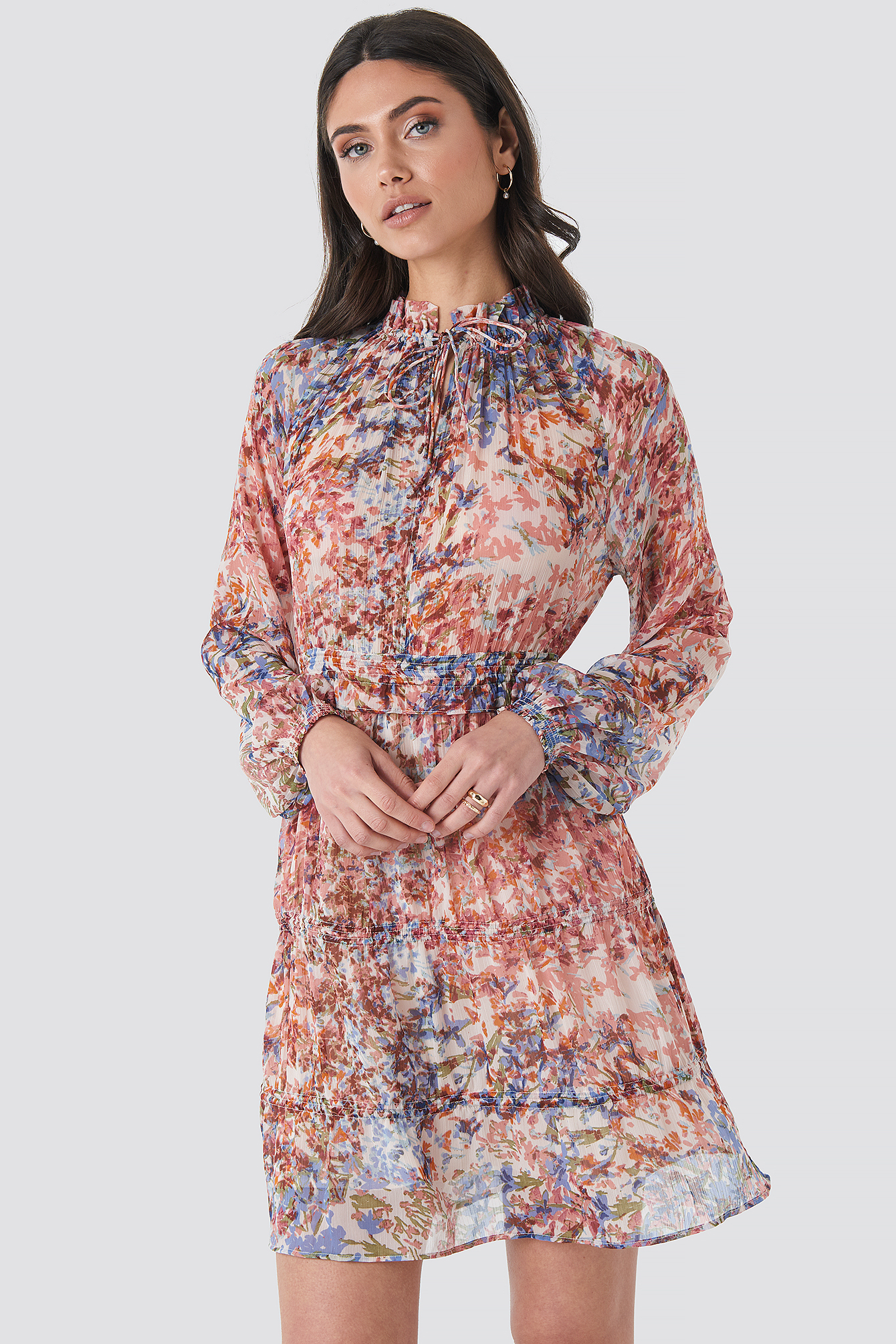 Frill V-Neck Chiffon Mini Dress Multi Print