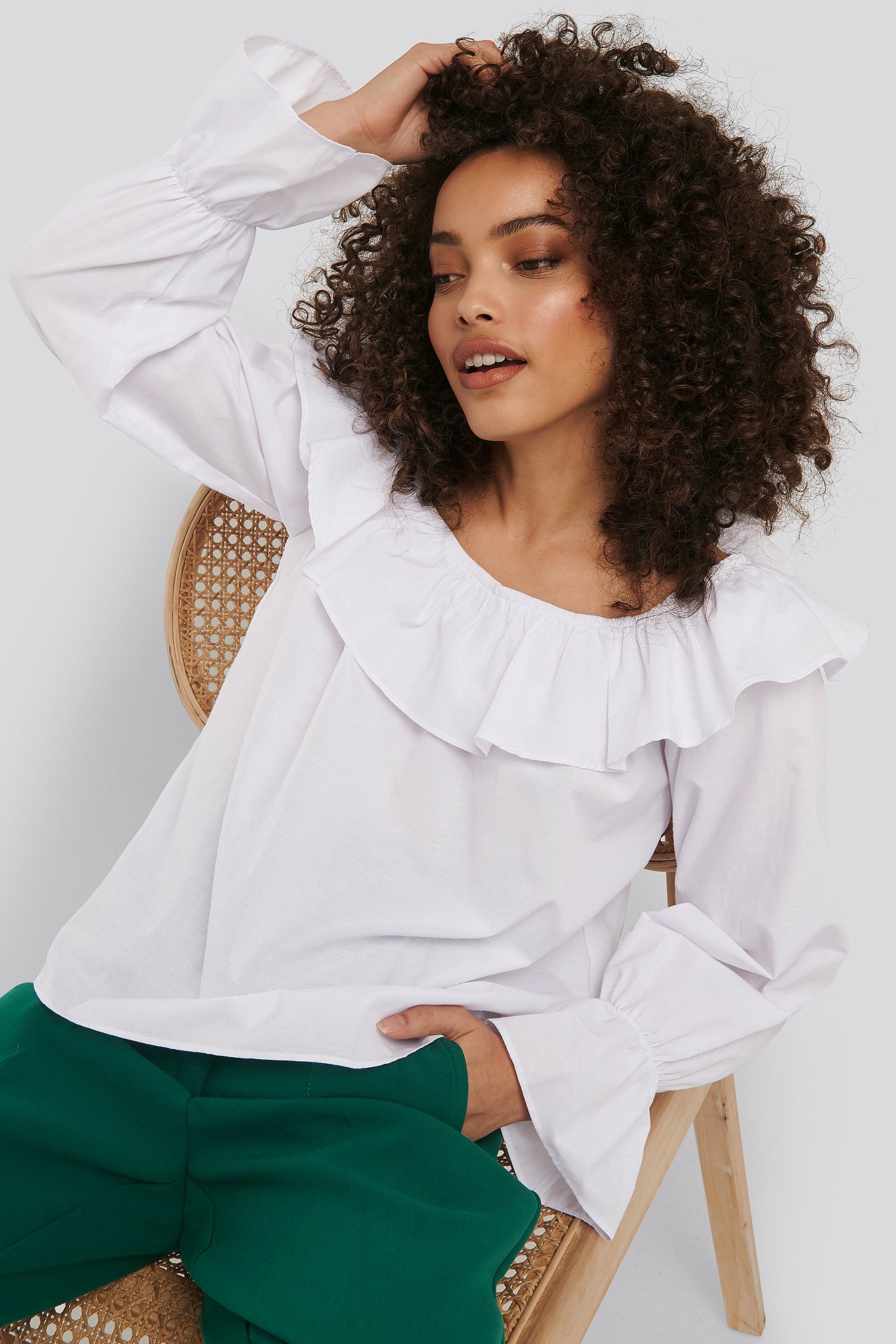 Optical White Frilled Wide Neck Blouse