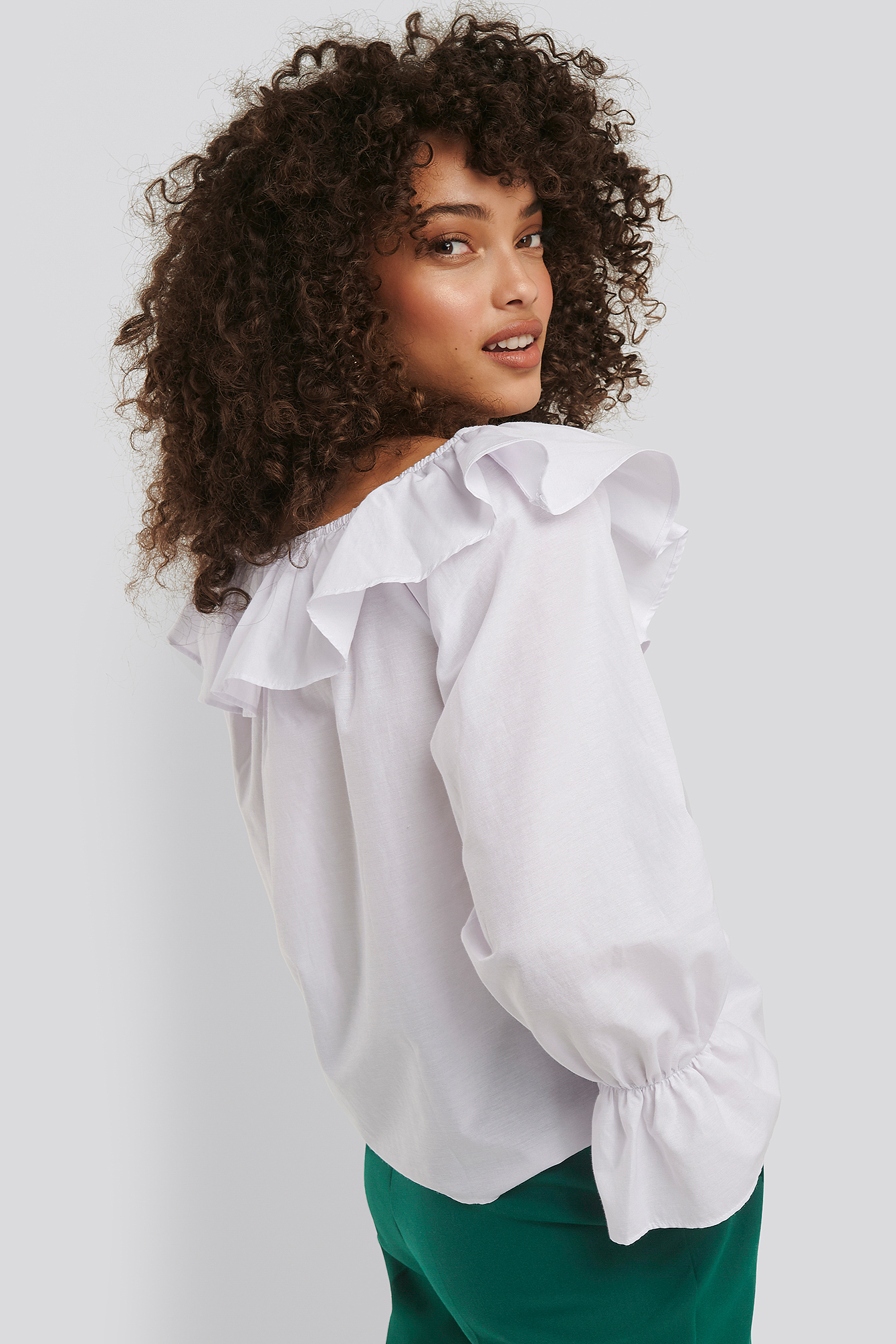 Optical White Frilled Wide Neck Blouse