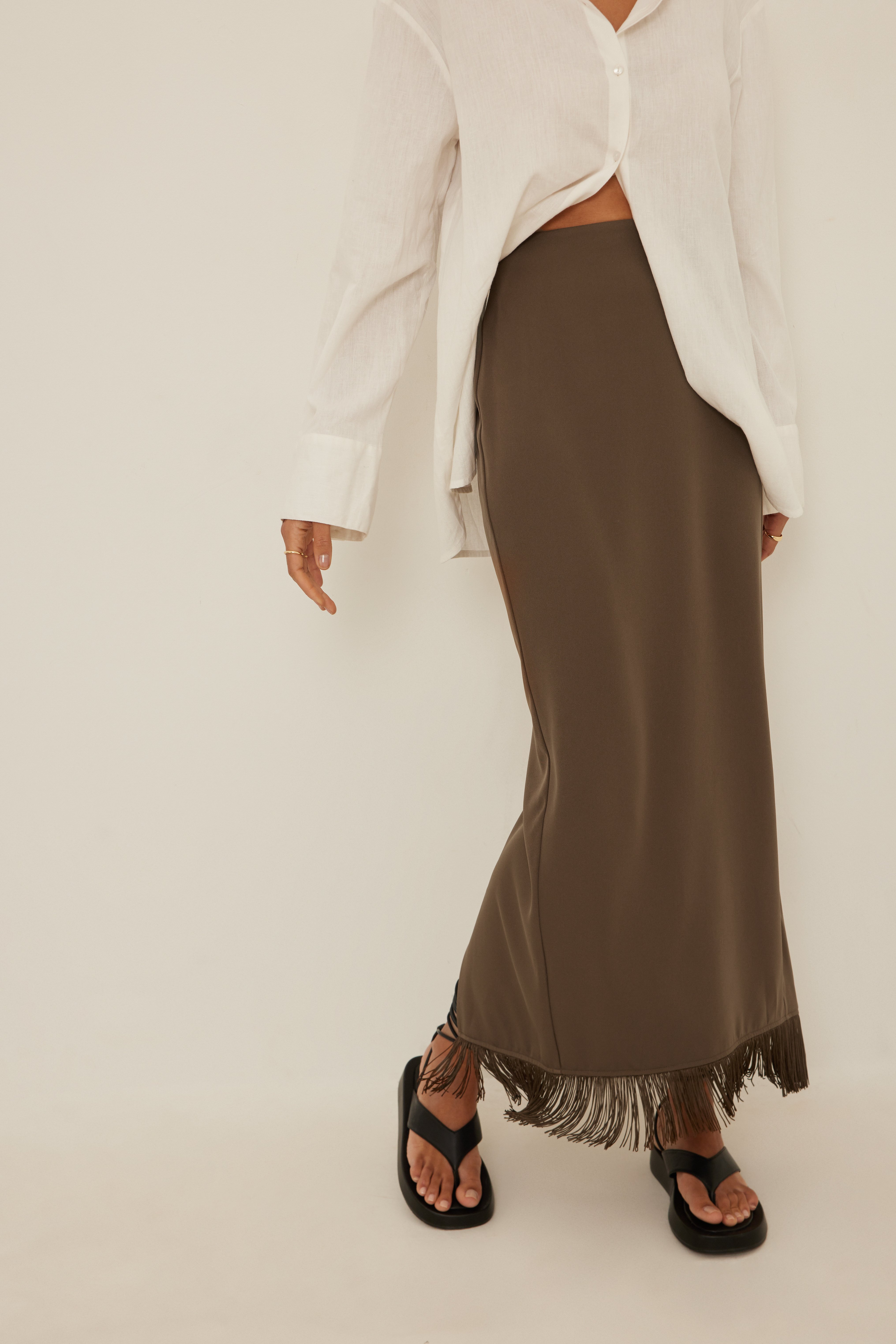 Brown Fringe Detailed Maxi Skirt