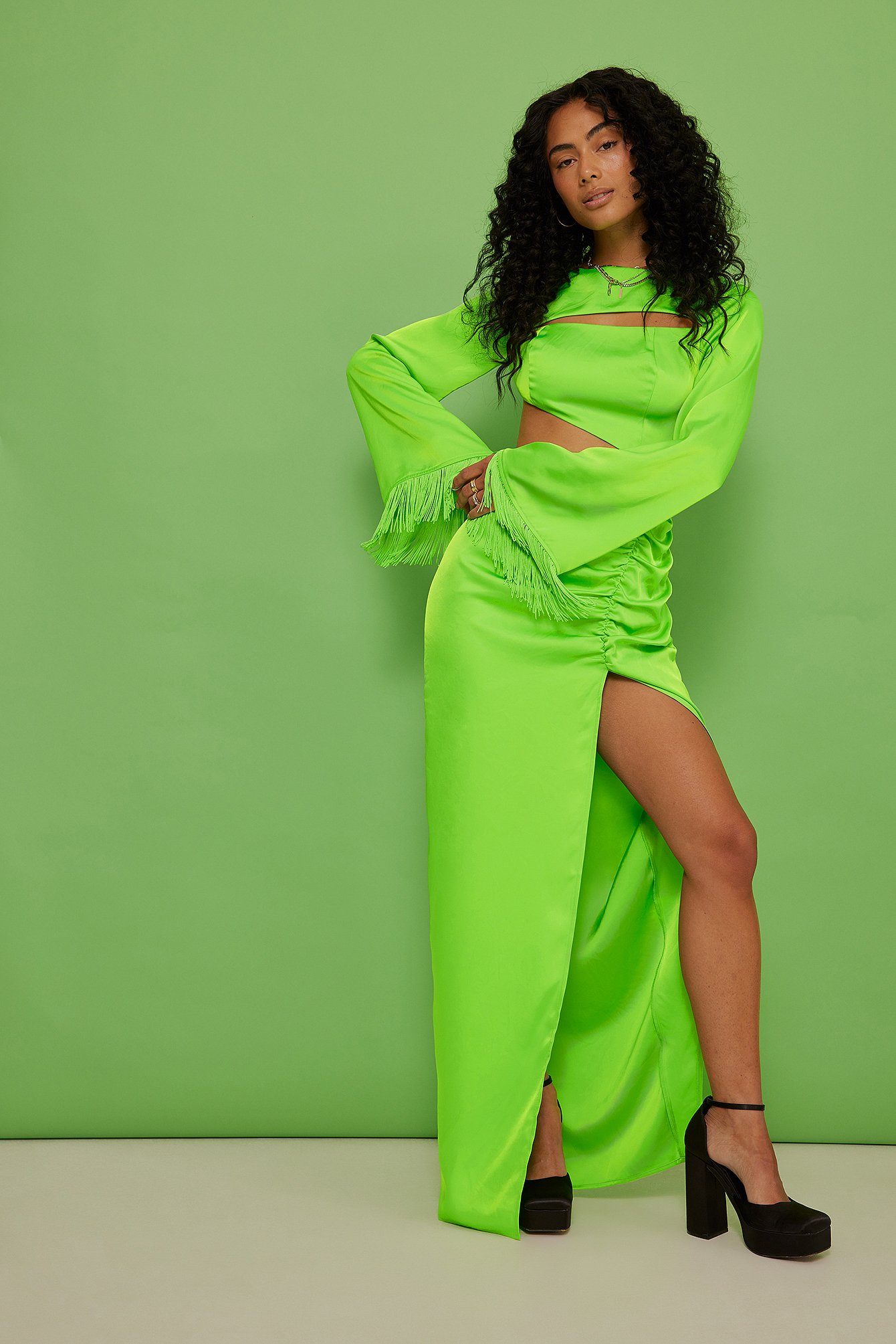 Green Fringe Sleeves Maxi Dress