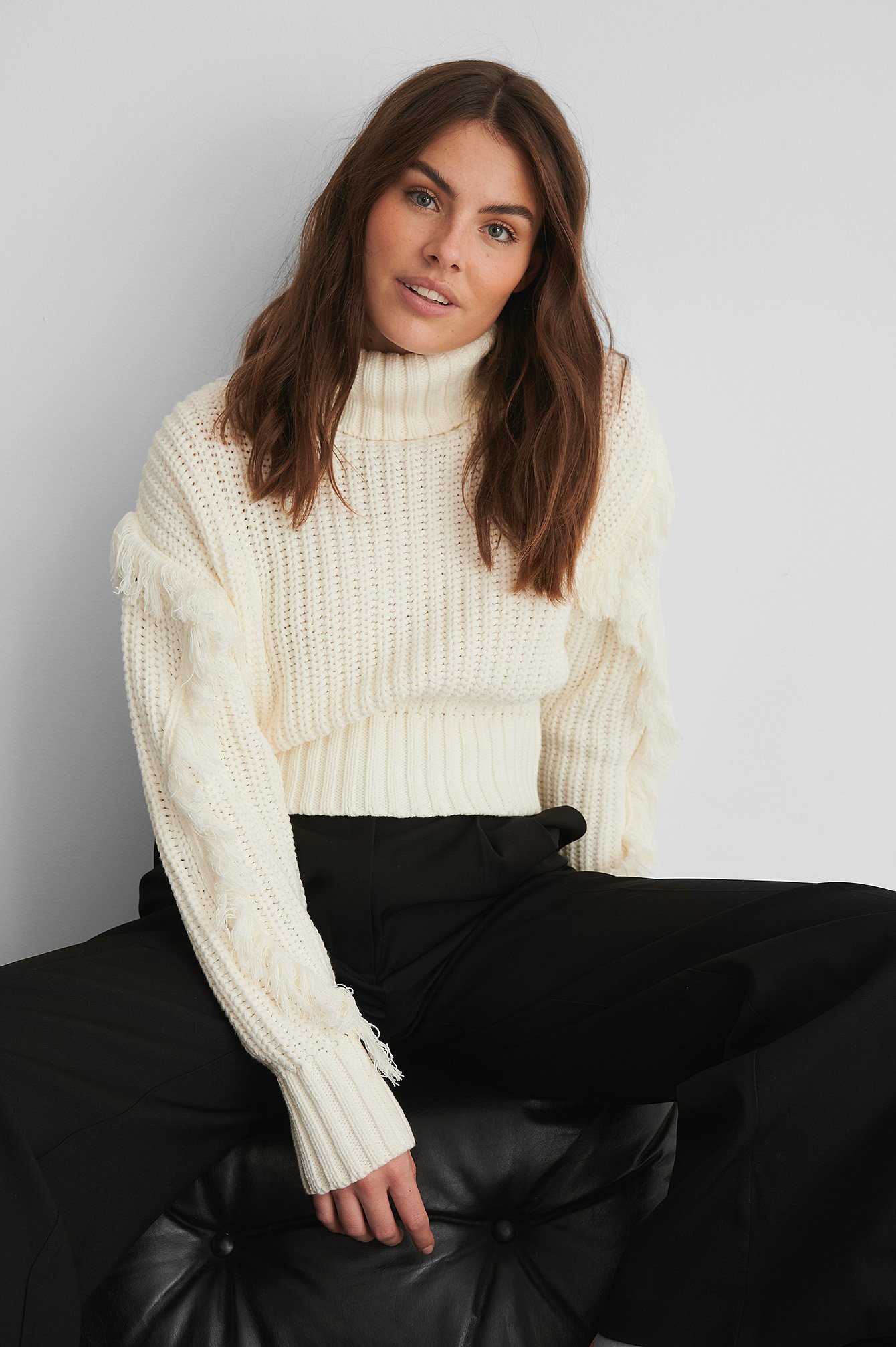 White Organic Fringed Detail High Neck Knitted Sweater
