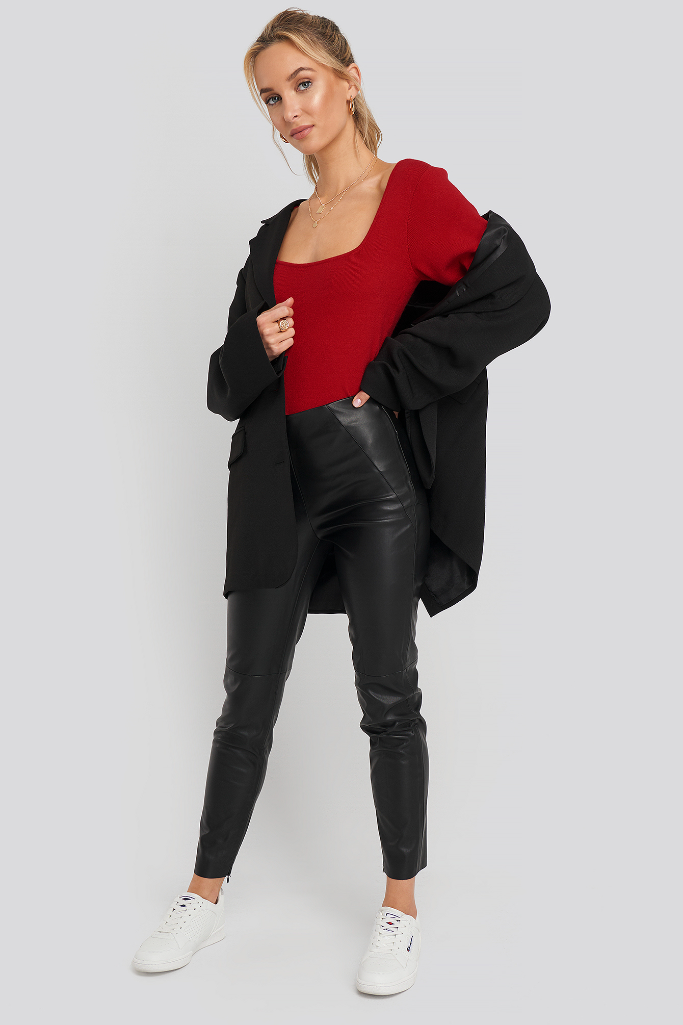 Front Detail Seam Pu Pants Black