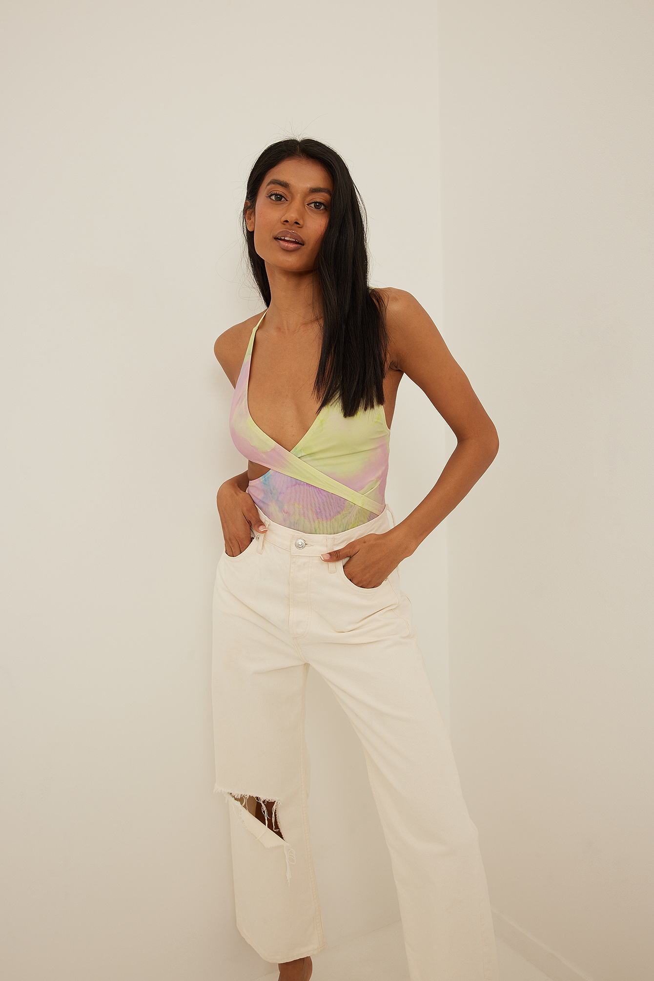 Front Overlap Mesh Thong Bodysuit 