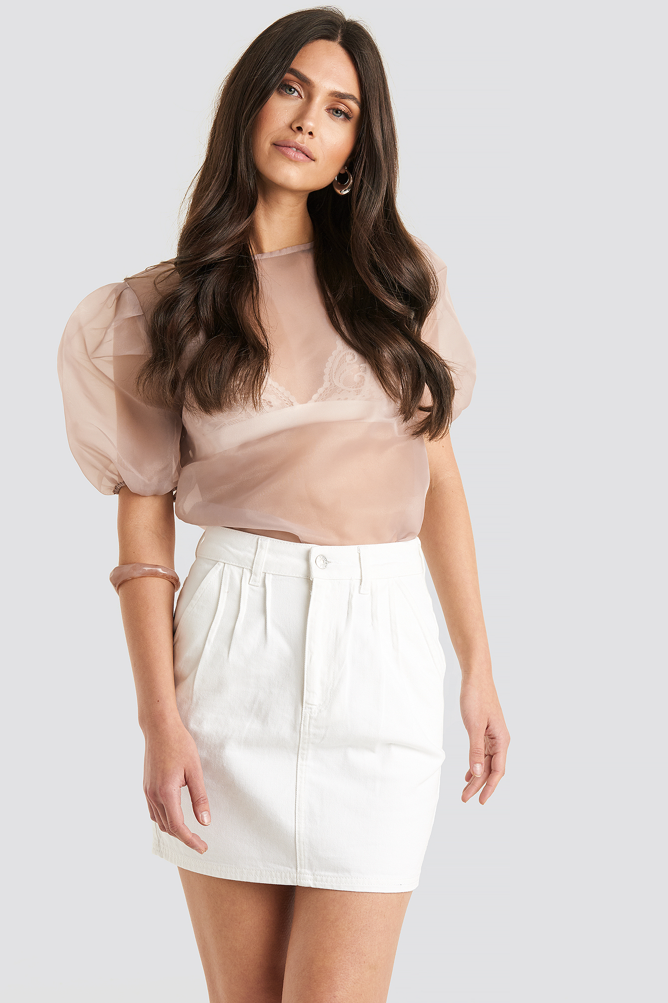 Front Pleat Short Denim Skirt White