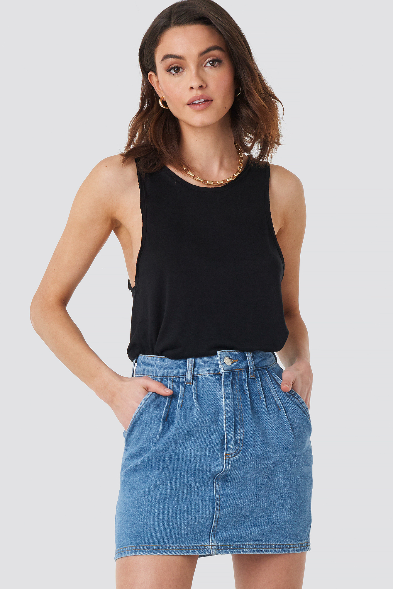 Front Pleat Short Denim Skirt Mid Blue
