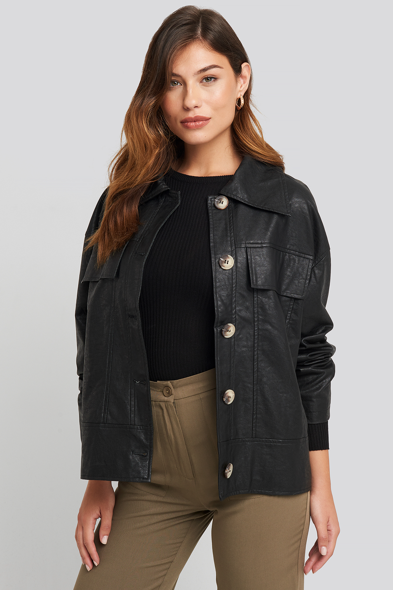 Front Pocket Pu Jacket Black