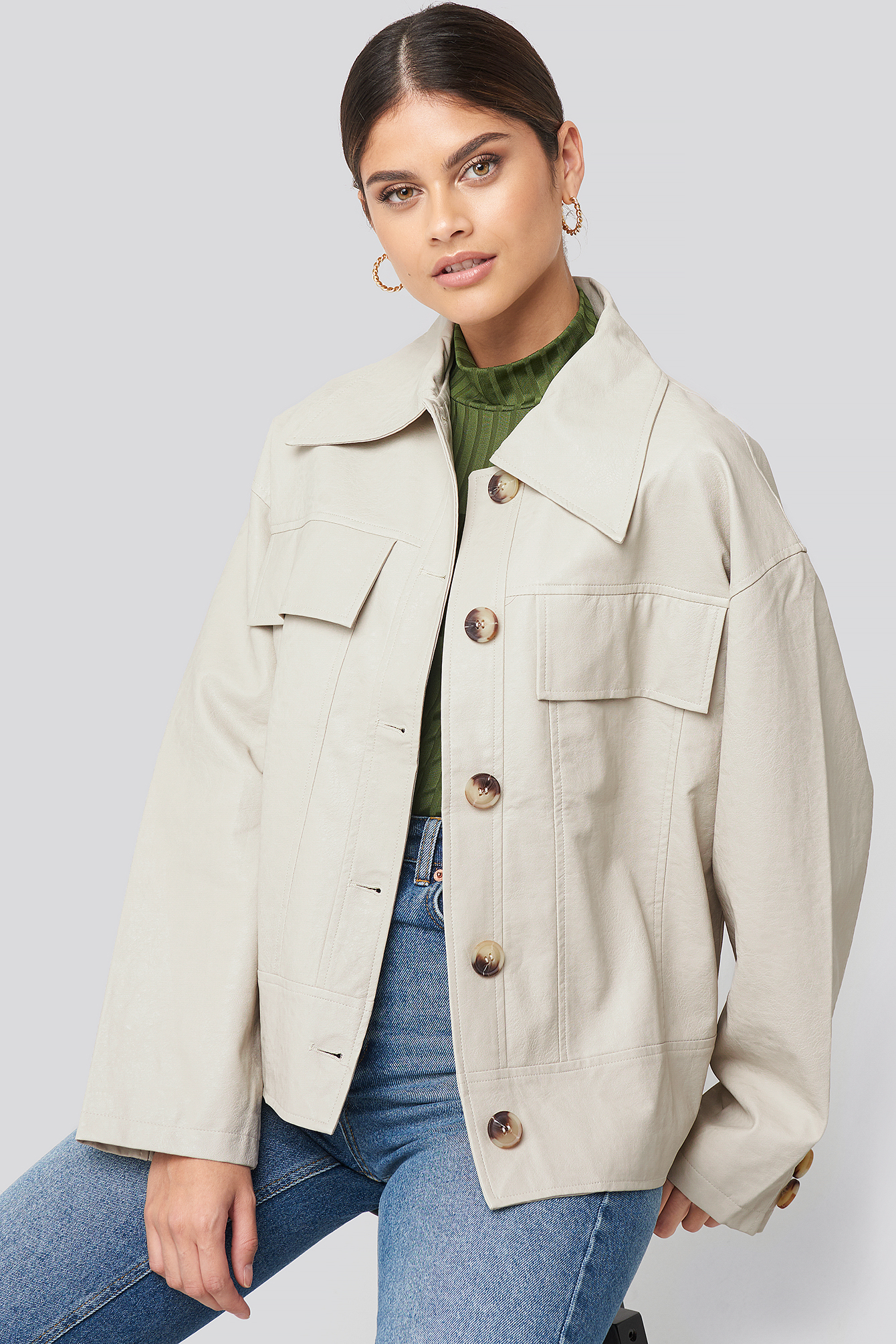 Front Pocket Pu Jacket Offwhite