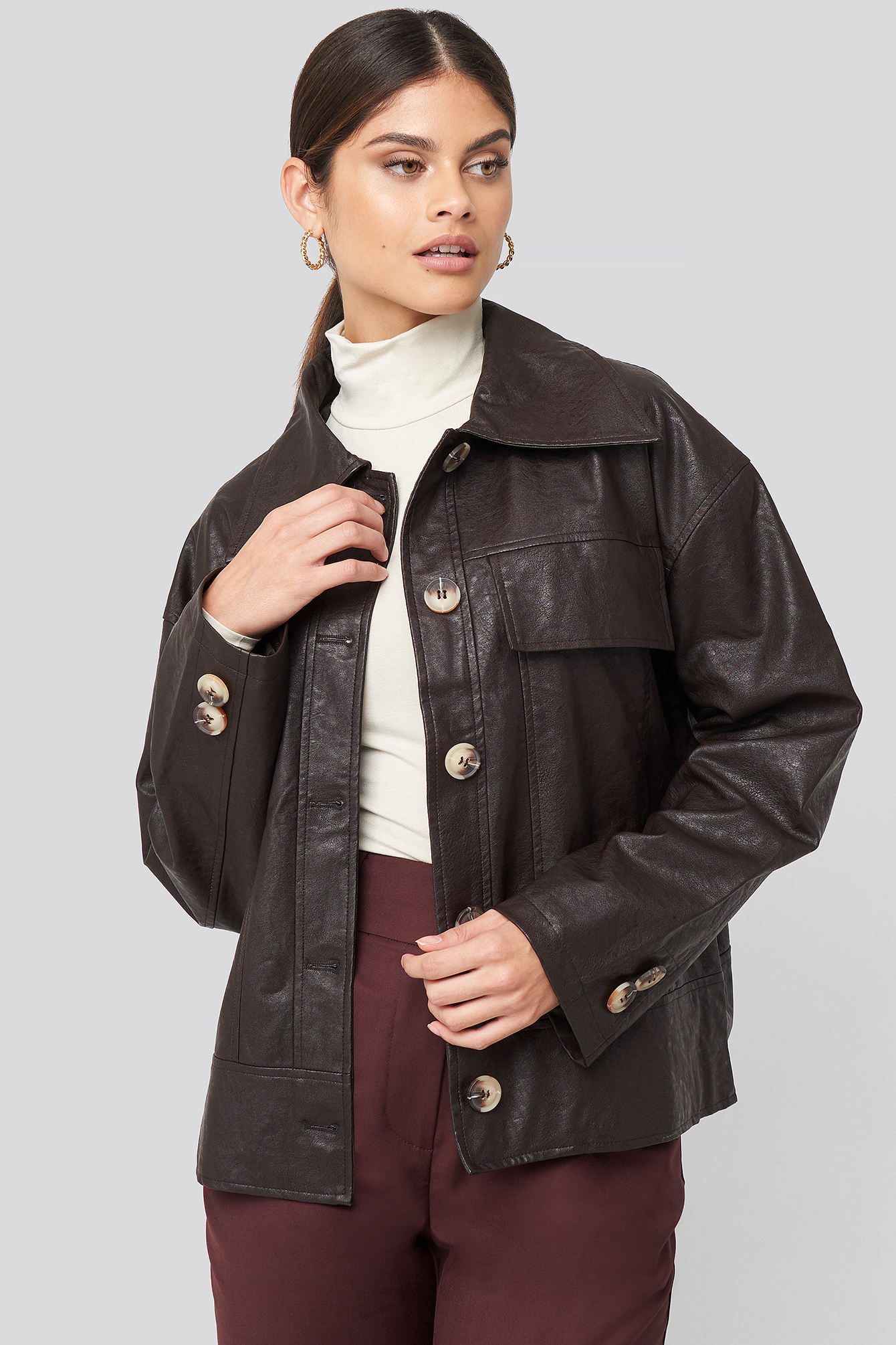 Front Pocket Pu Jacket Dark Brown