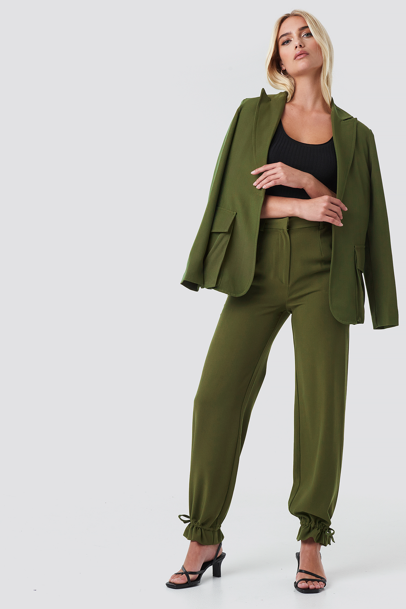 Khaki Green Front Pockets Single Button Blazer