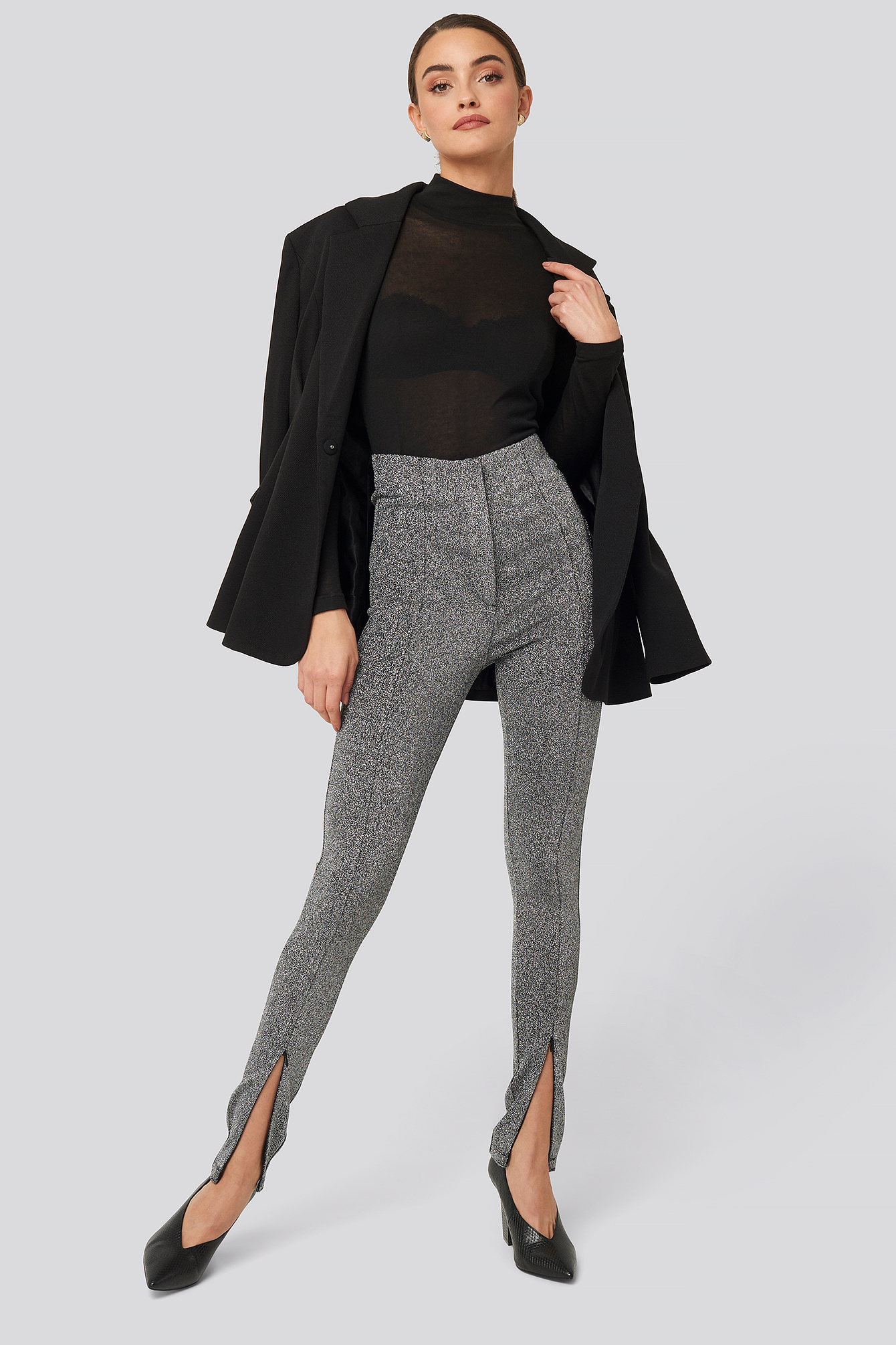 Front Seam High Waist Lurex Leggings Silver