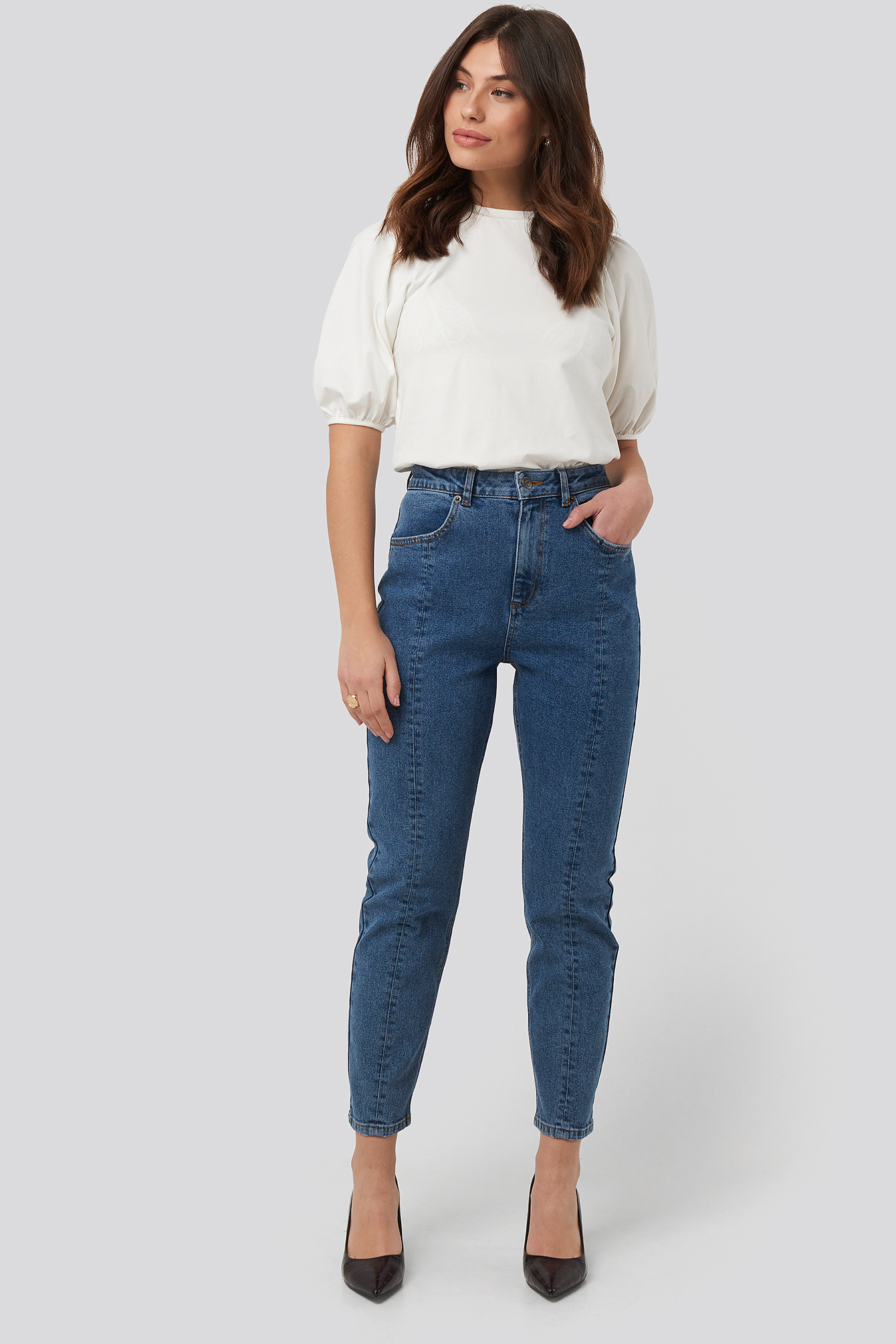 Front Seam Mom Jeans Mid Blue Wash