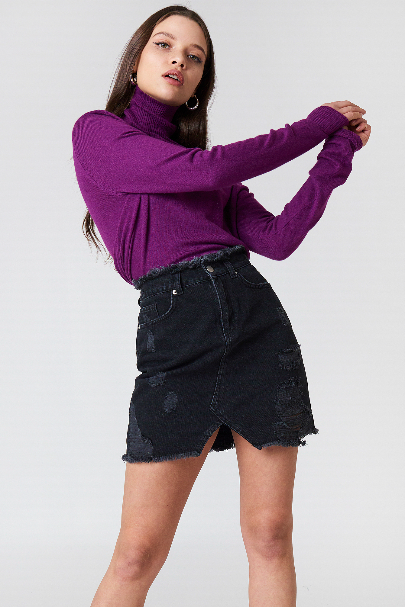 Ripped Front Slit Denim Skirt Black