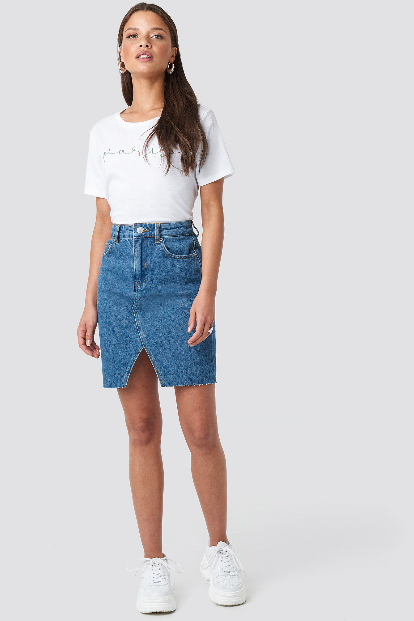 Front Slit Denim Skirt Mid Blue