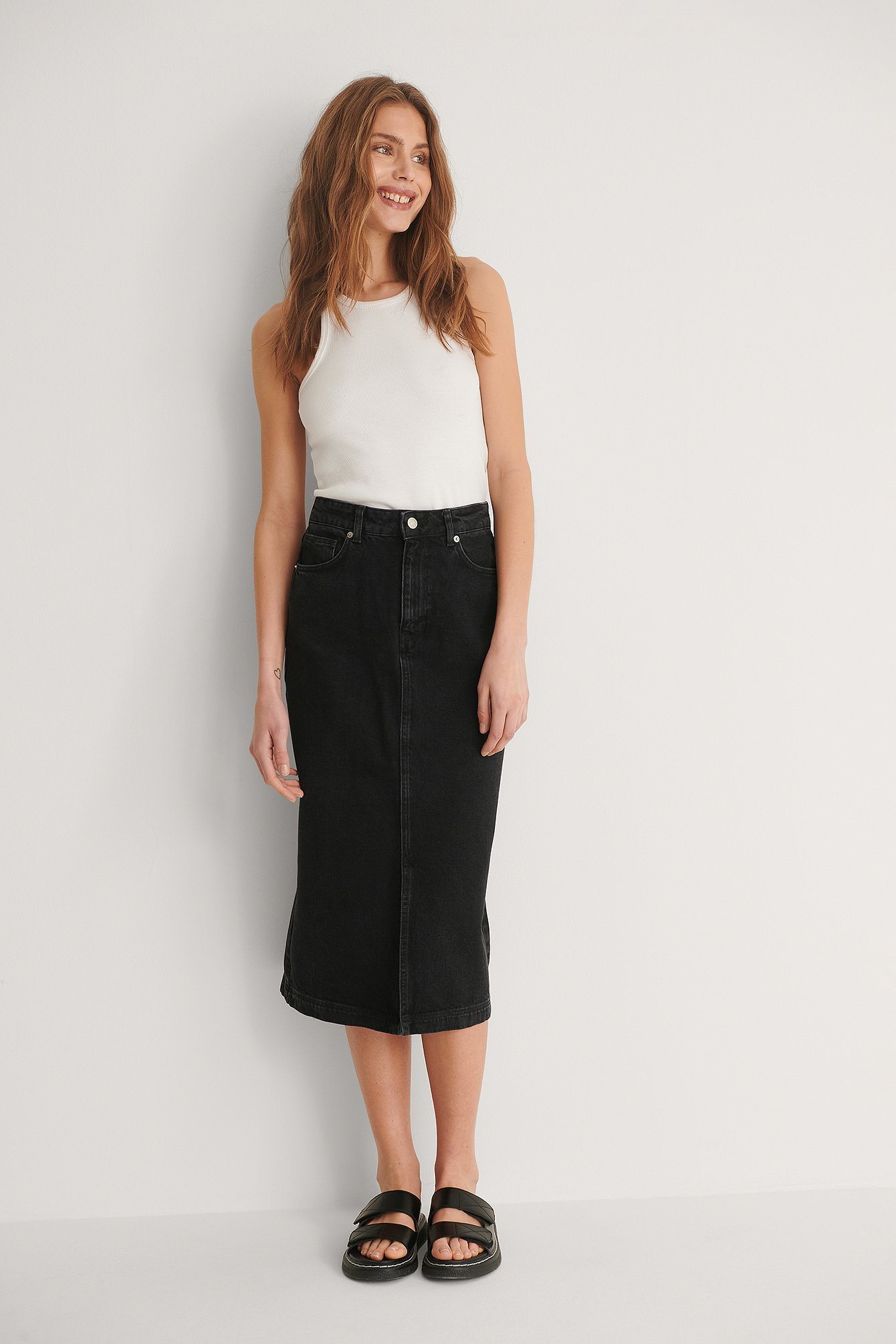 Black Organic Front Slit Midi Denim Skirt