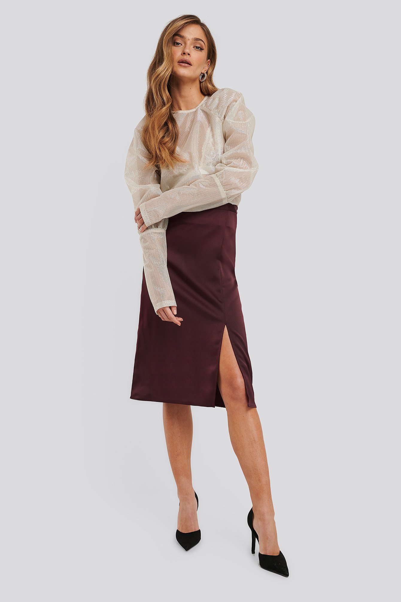 Burgundy Front Slit Satin Skirt