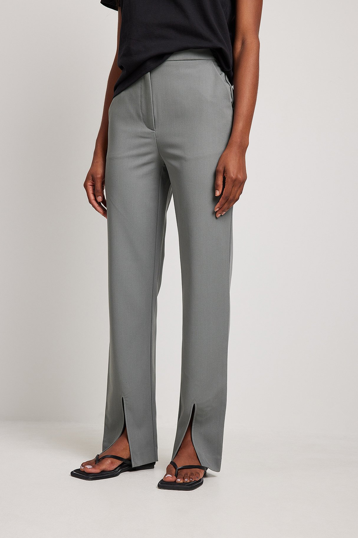 Grey Front Slit Straight Leg Suit Pants