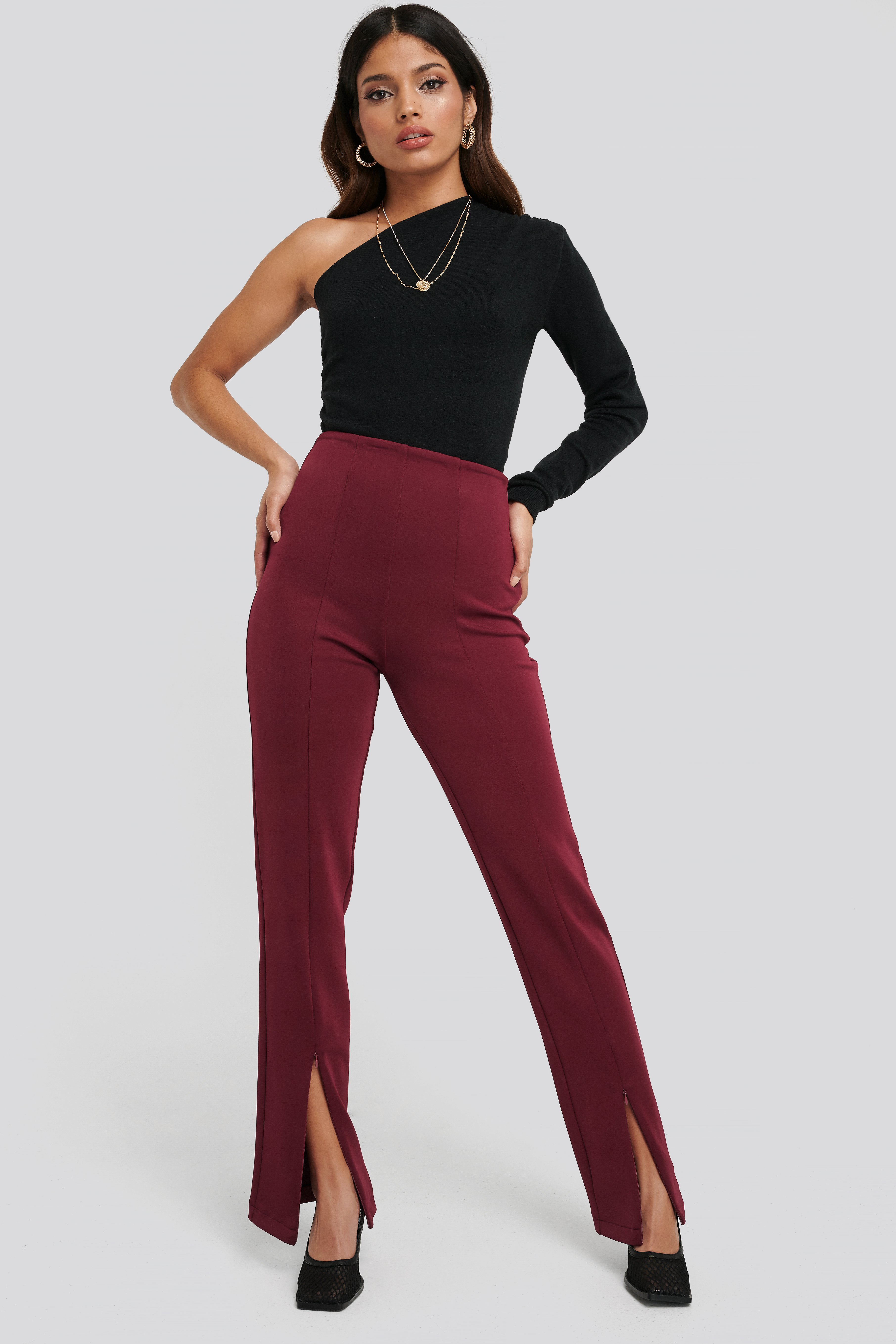 Front Slit Zipper Jersey Skinny Trousers Red | NA-KD
