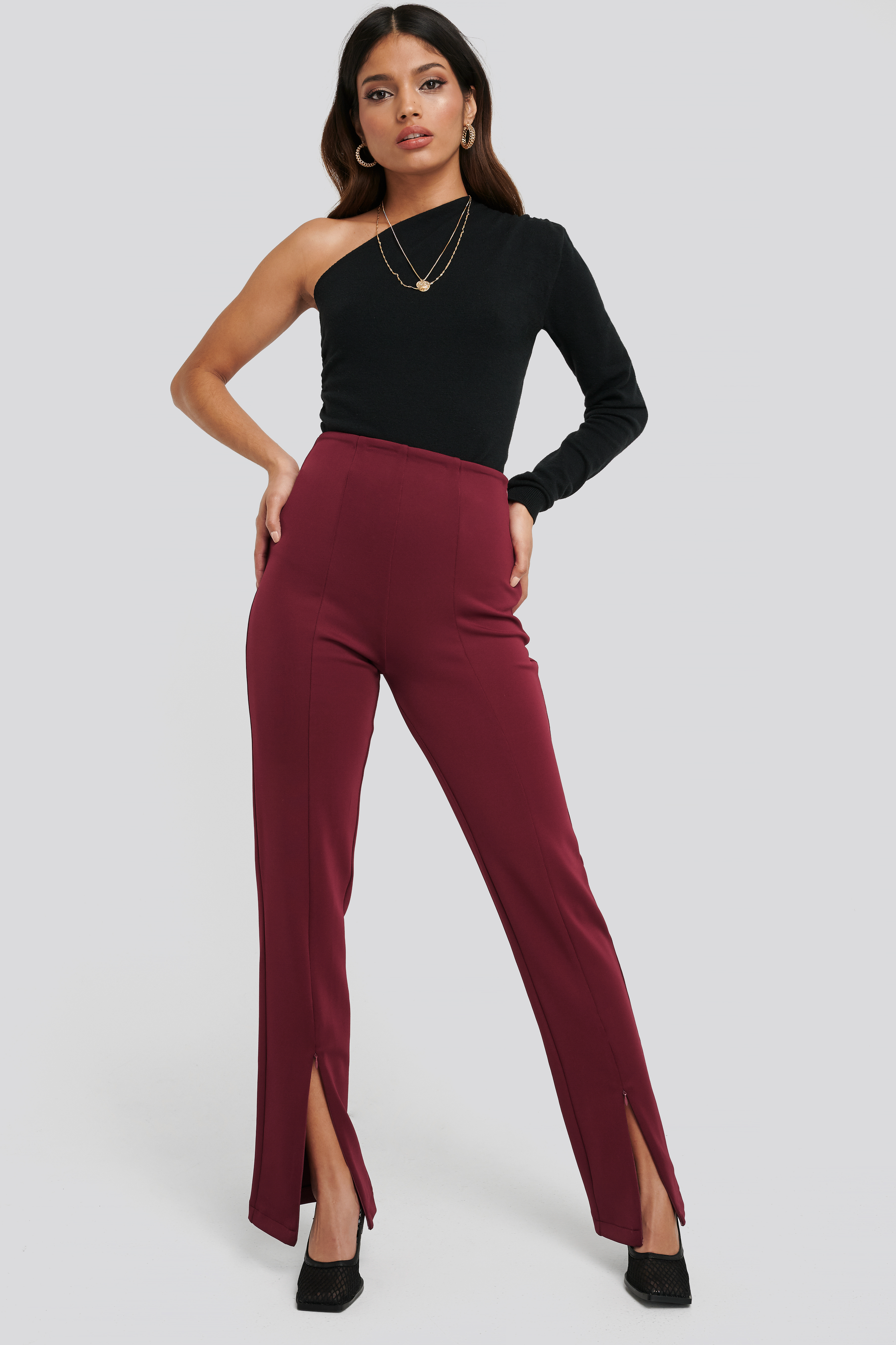 Front Slit ZipperJersey Skinny Trousers Burgundy