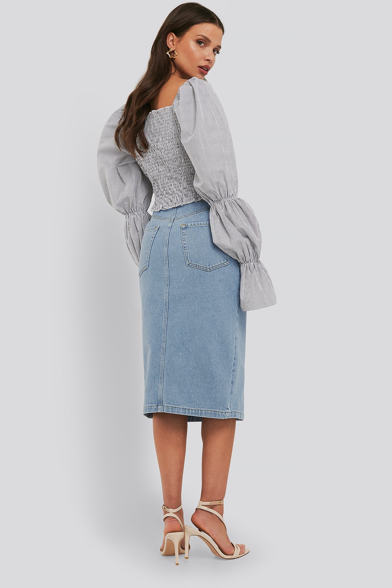 Light Blue Wash Front Split Midi Denim Skirt