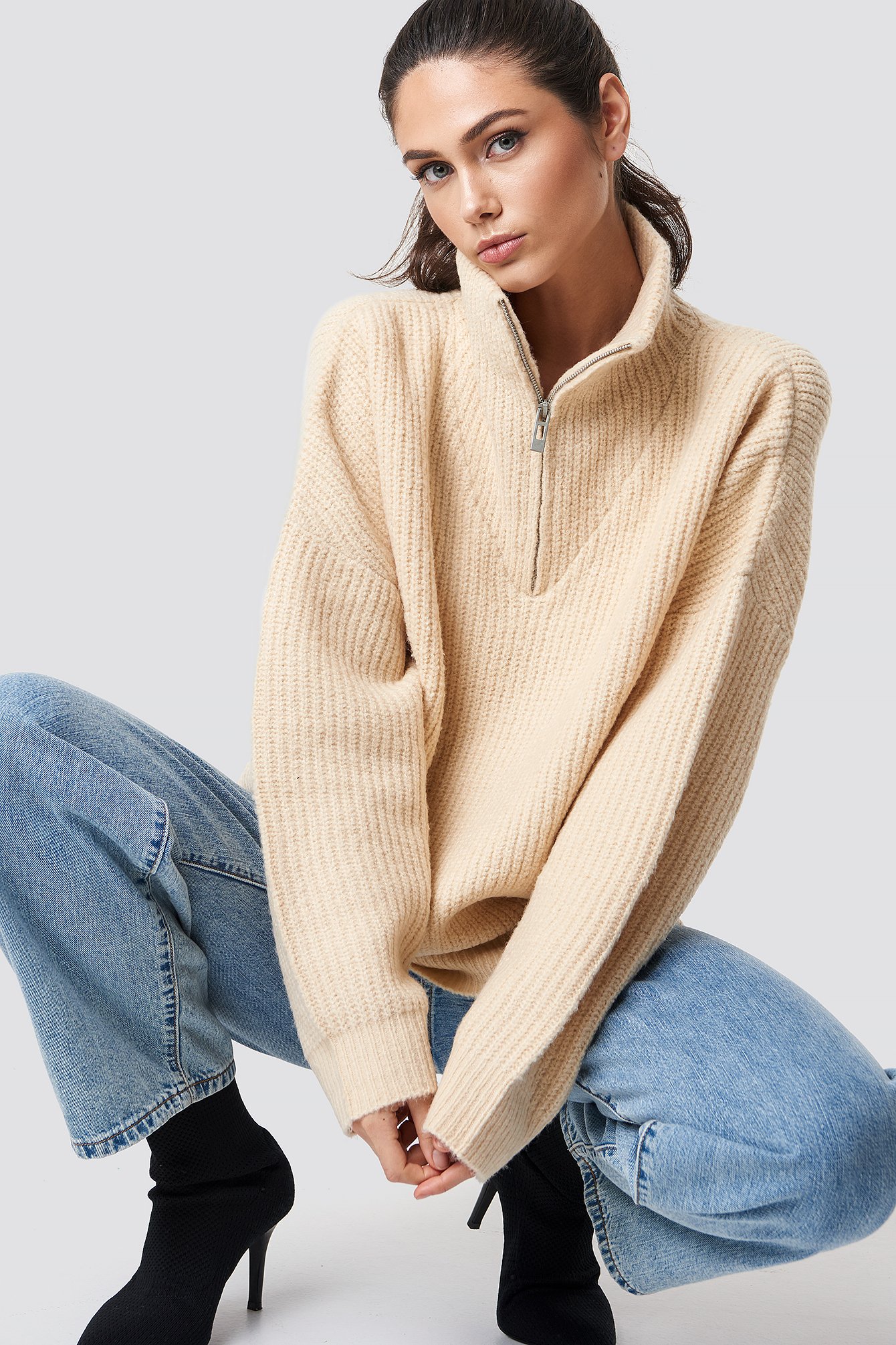 Front Zipper Knitted Sweater Beige NAKD