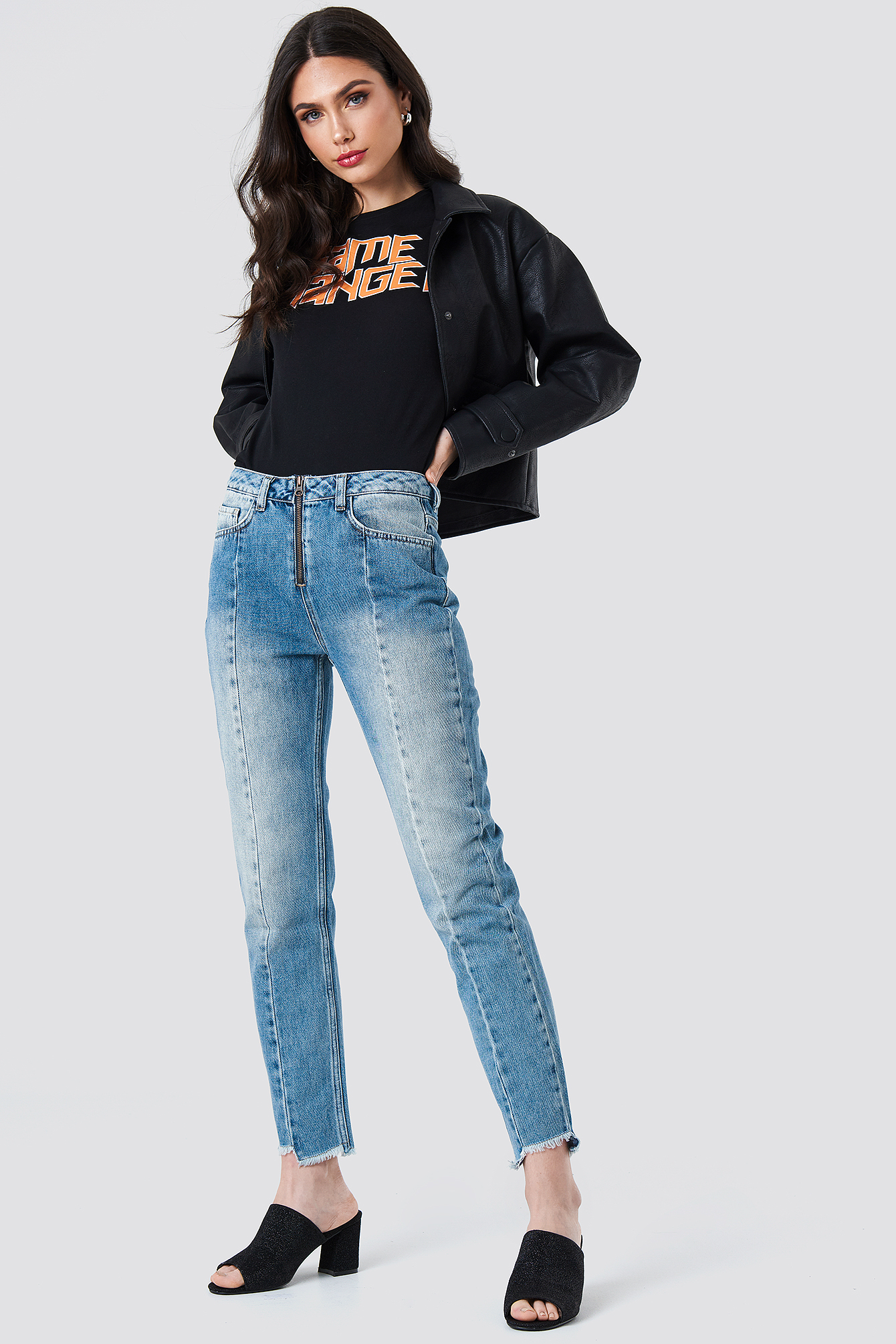 Front Zipper Panel Jeans Mid Blue