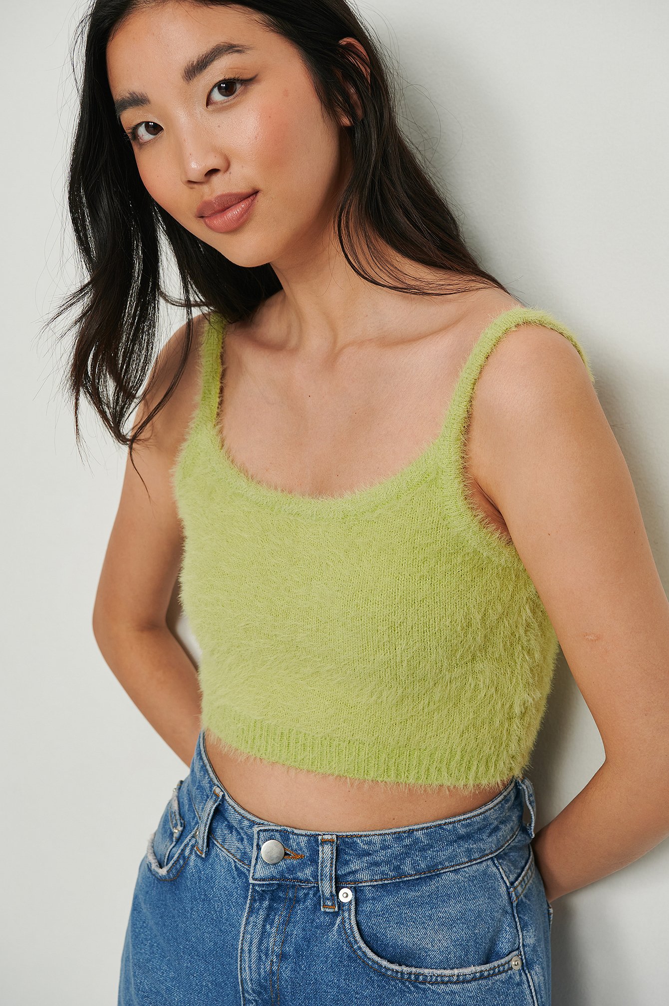 Light Green Fluffy Knitted Cropped Singlet