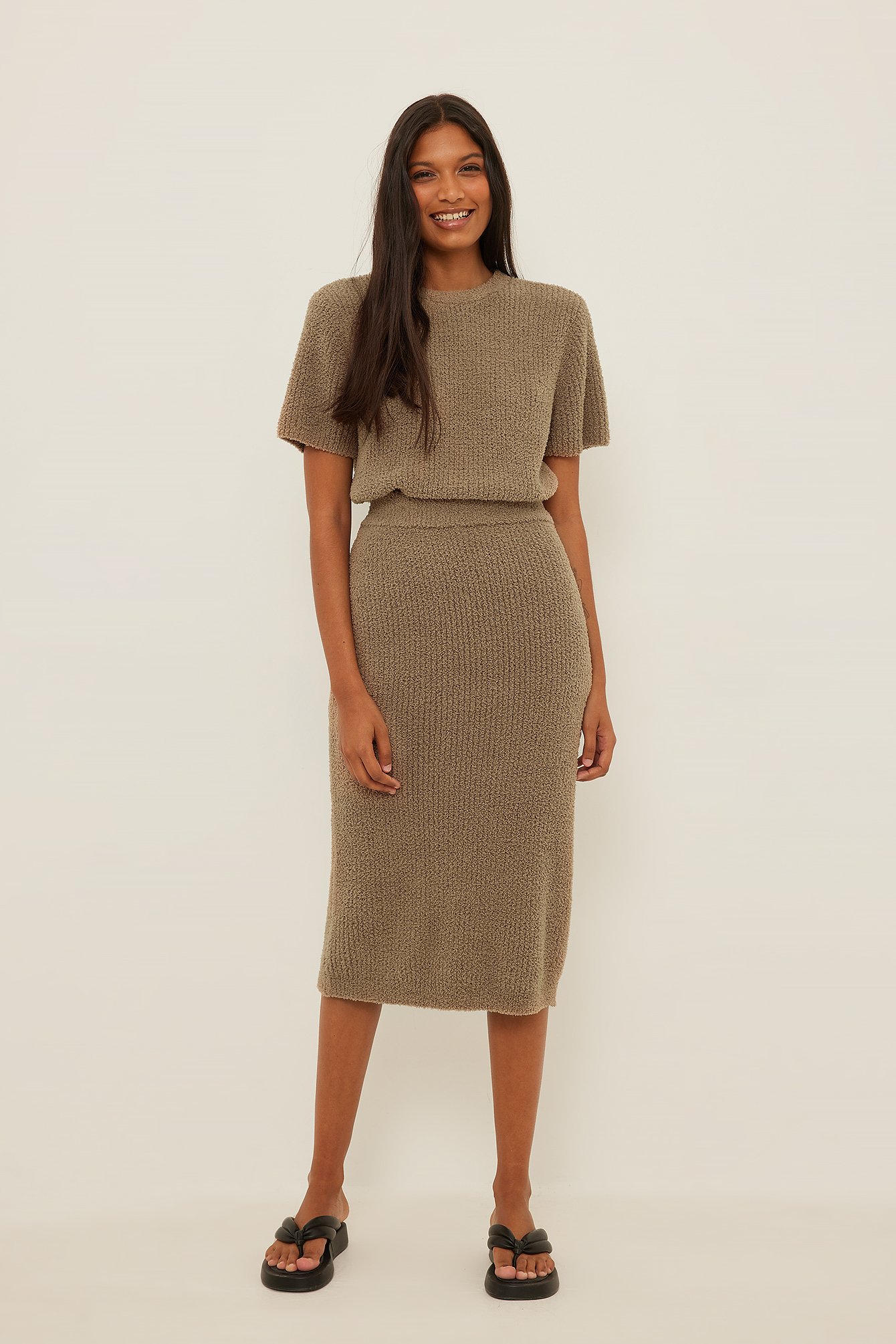 Brown Fuzzy Knitted Midi Skirt