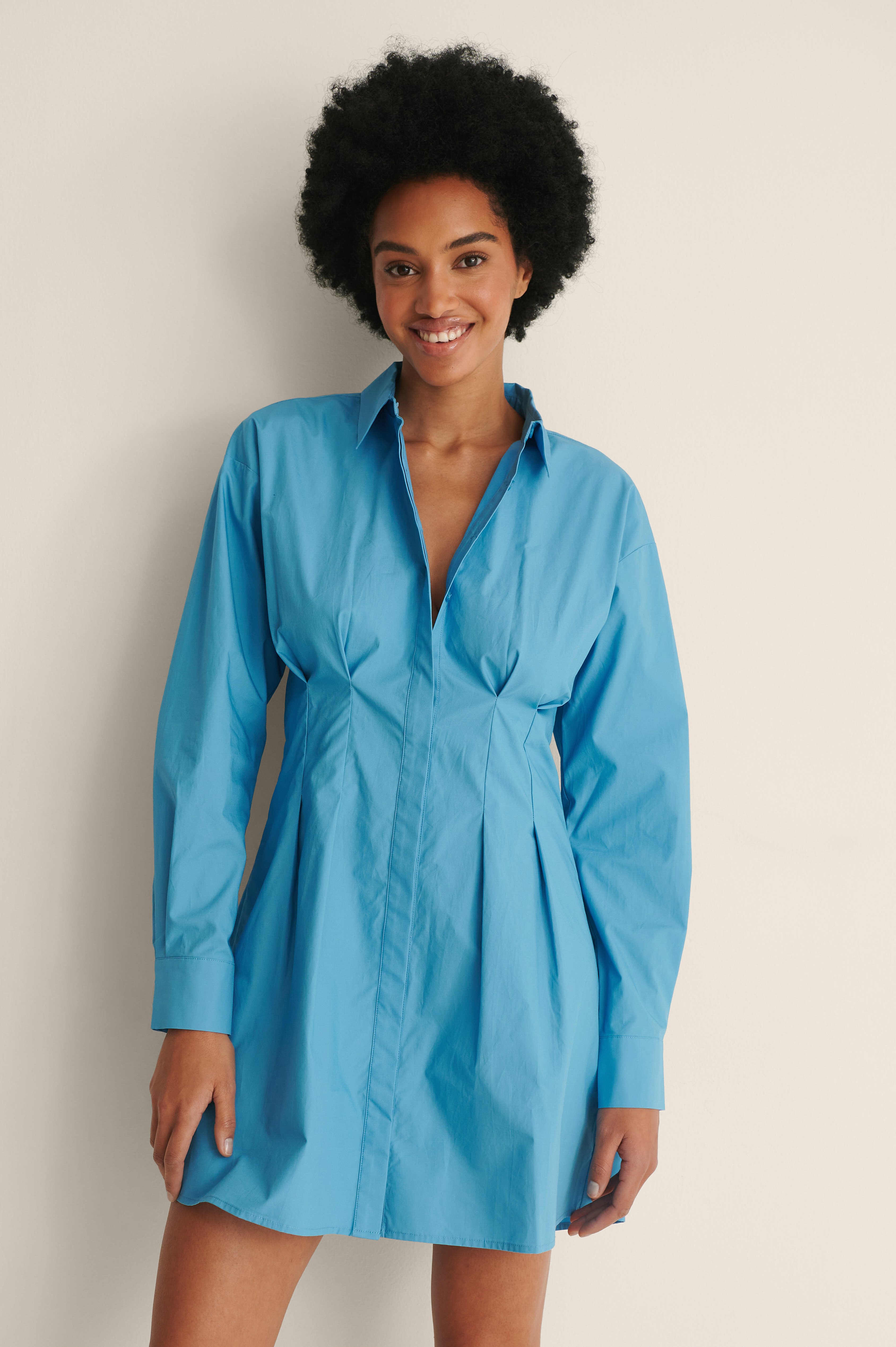 Blue Ekologisk Miniskjortklänning Med Rynk