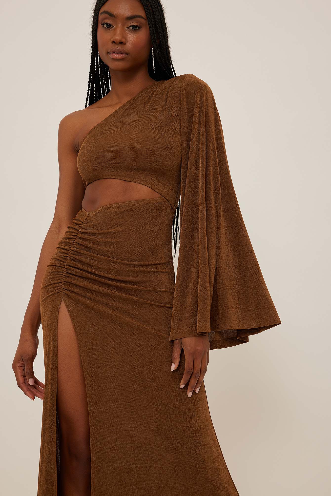 Brown Gathered Cut Out Maxi Dress