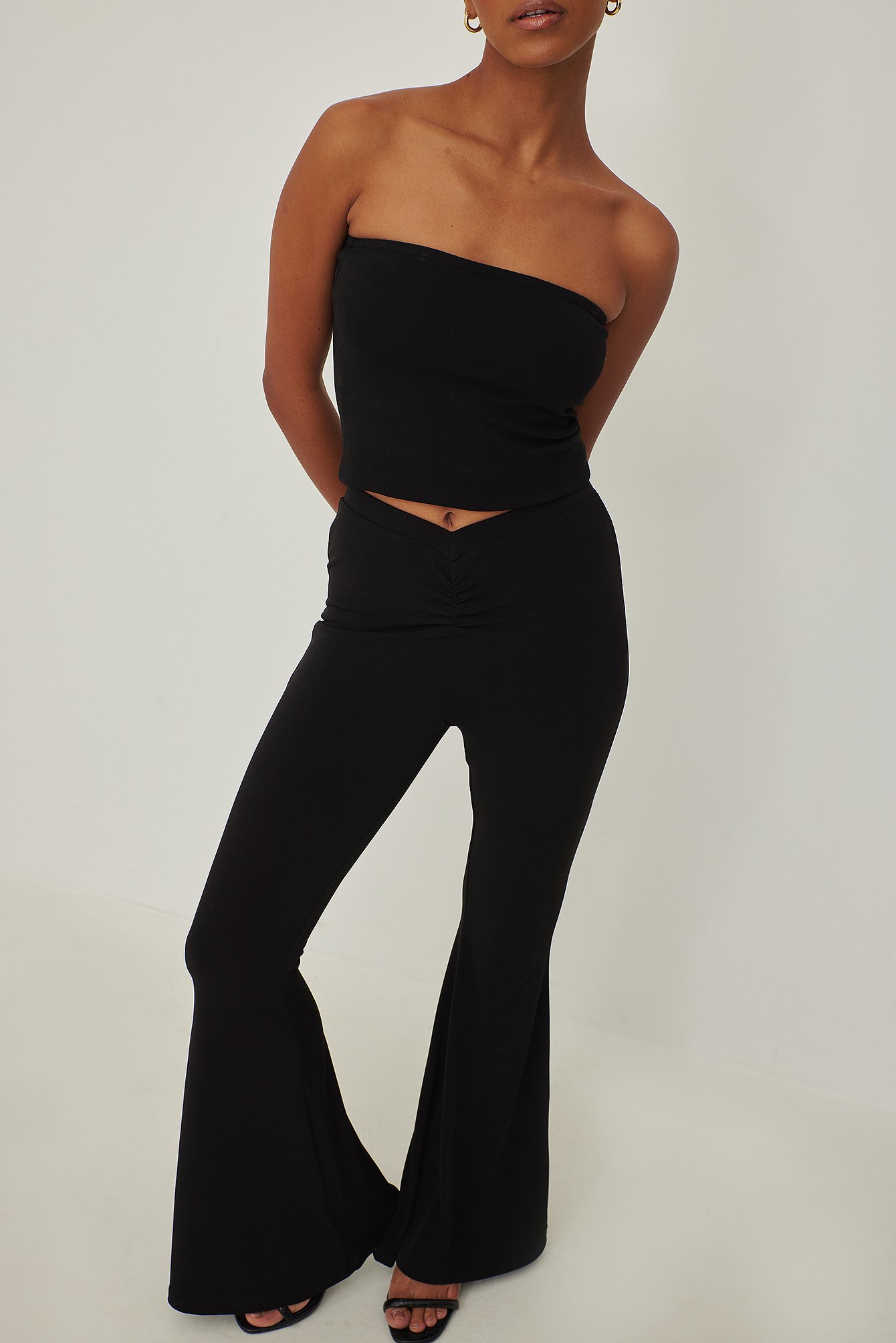 Black Gathered Detail Bootcut Trousers