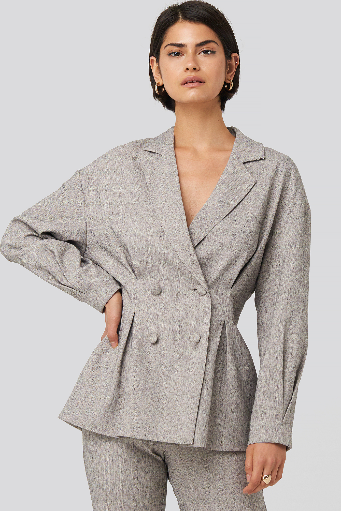Gathered Double Breasted Blazer Grey Melange