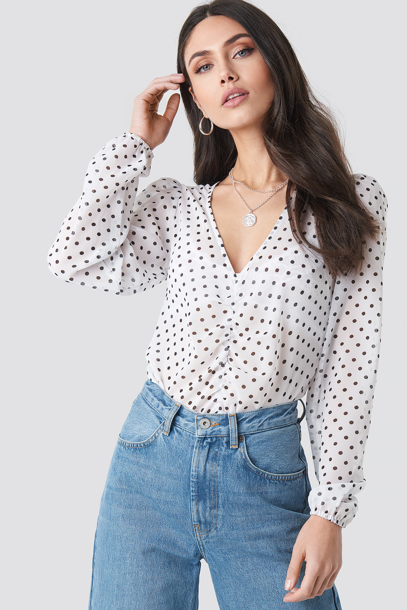Gathered Front LS Blouse White/Black Dot