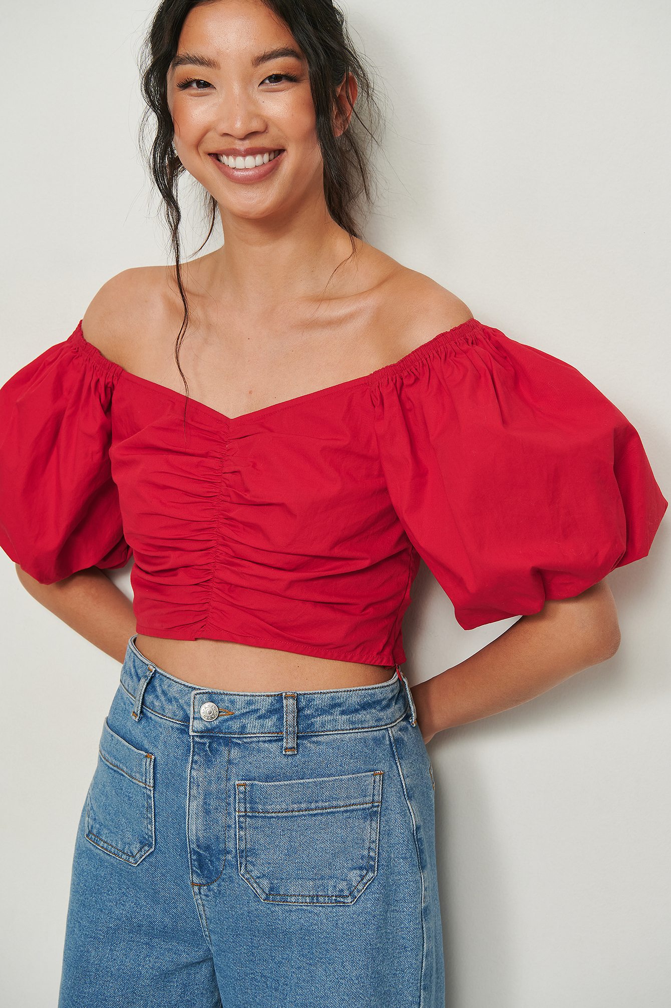 Gathered Front Puff Sleeve Cotton Top Red | NA-KD