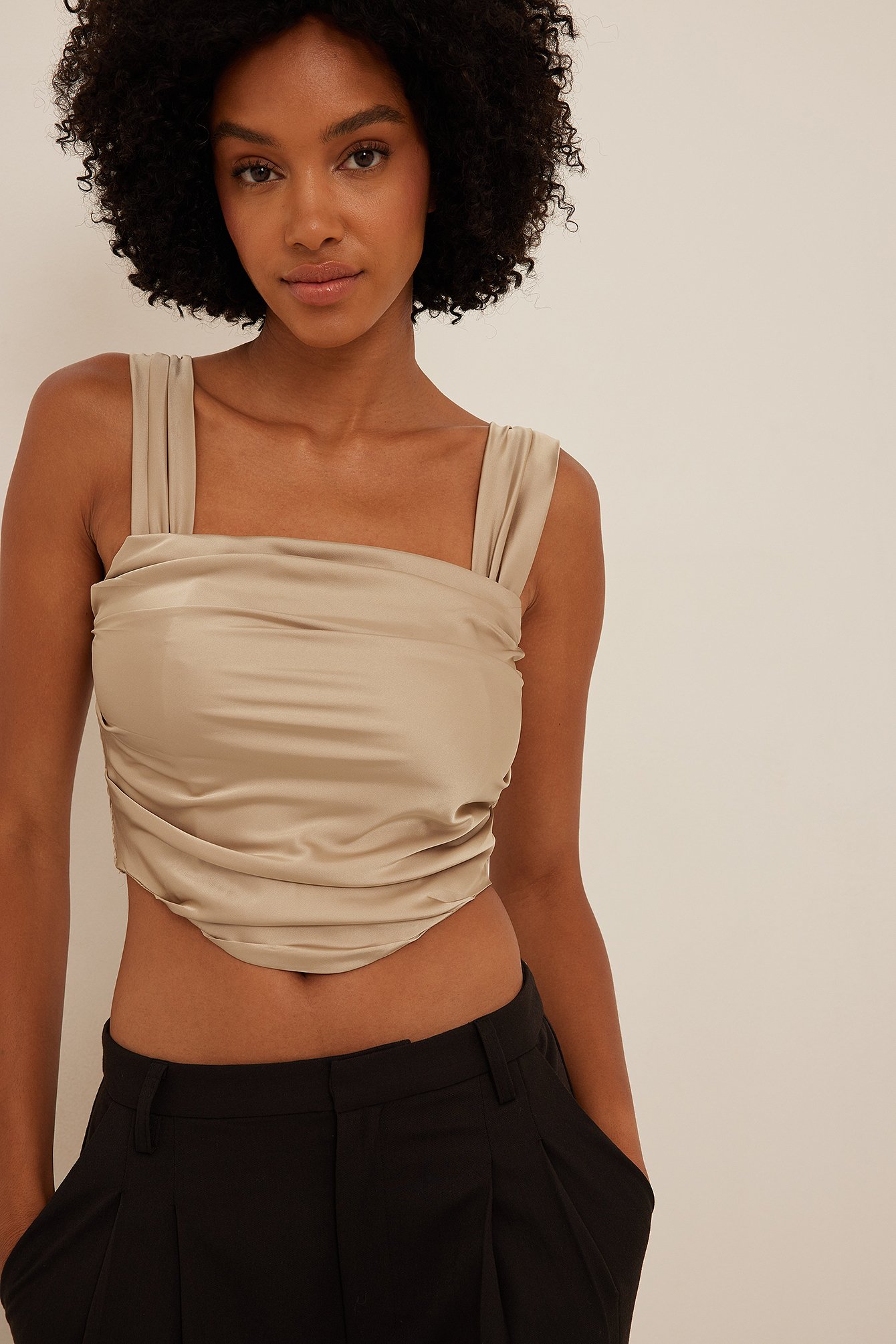 Champagne Gathered Front Satin Cropped Top