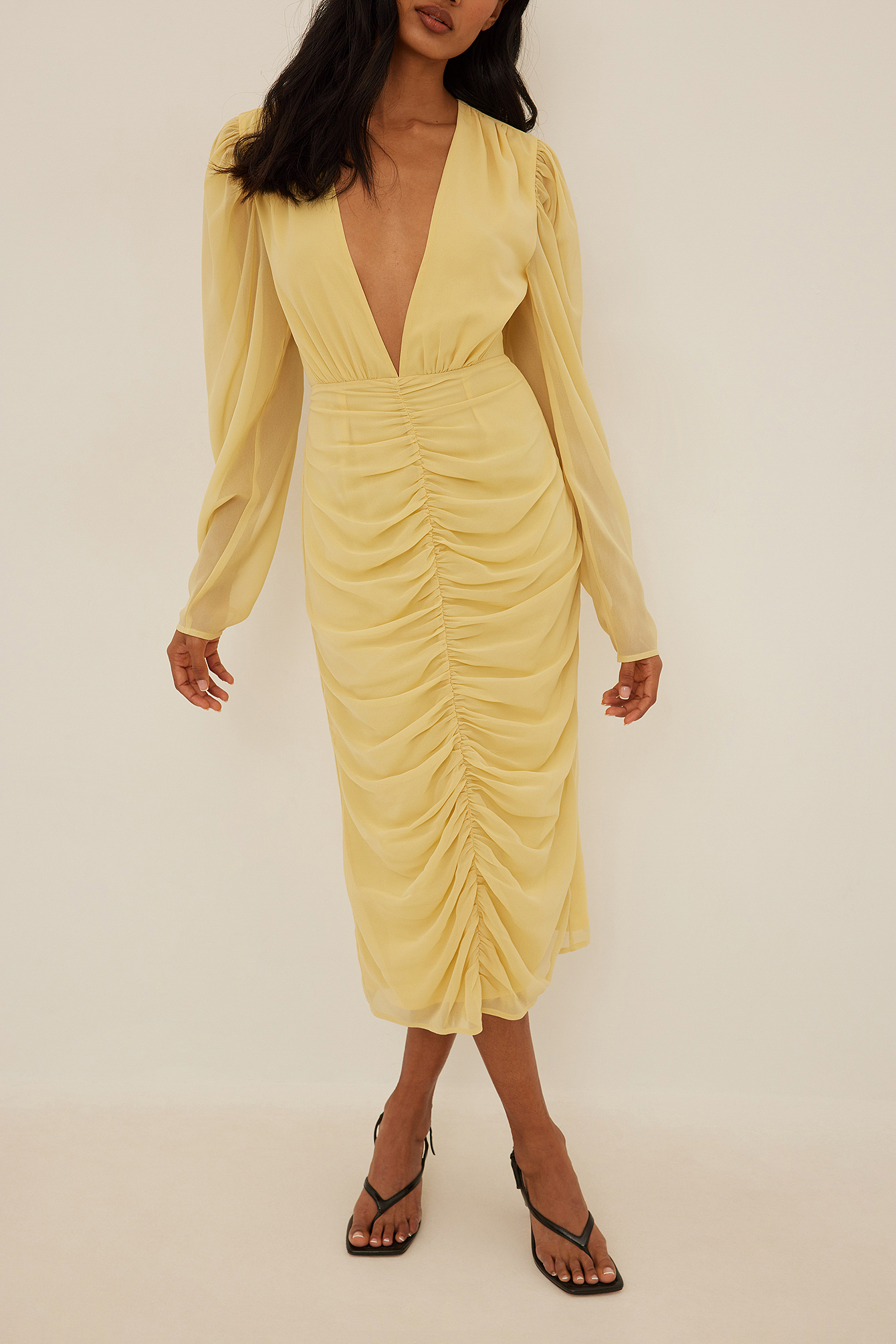 Gathered Front Vneck Midi Dress Yellow NAKD