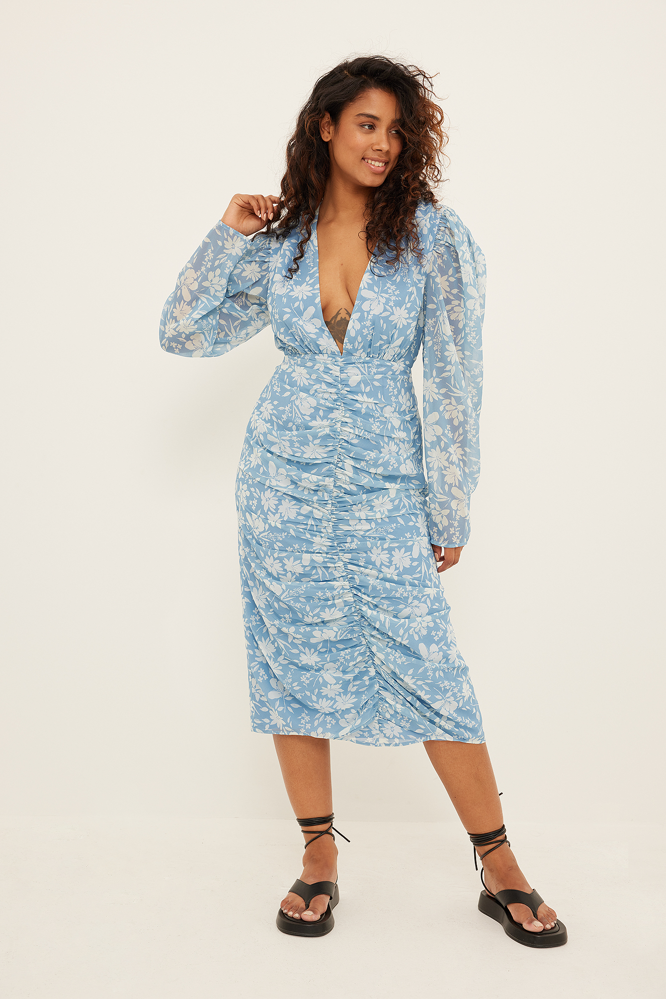 Gathered Front Vneck Midi Dress Flower