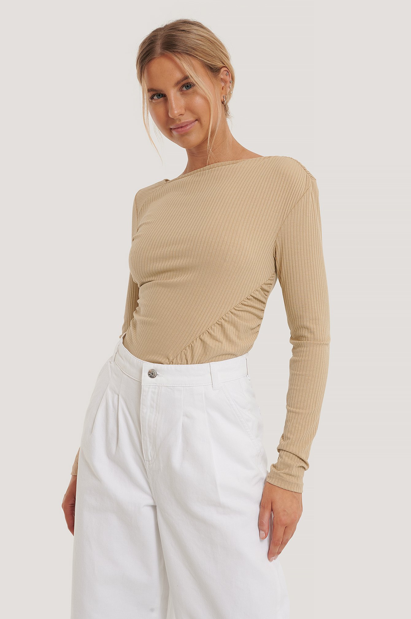 Beige Gathered Jersey Top
