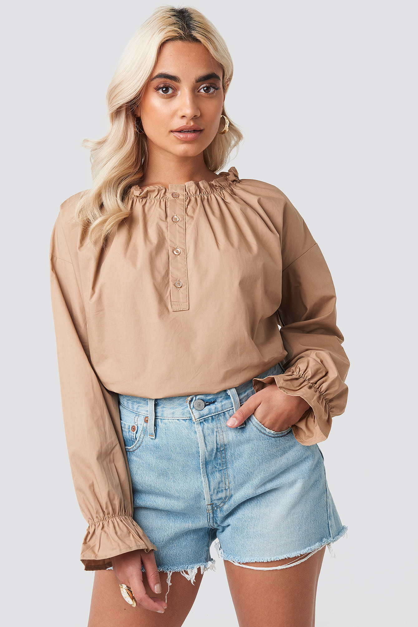Gathered Neckline Blouse Beige