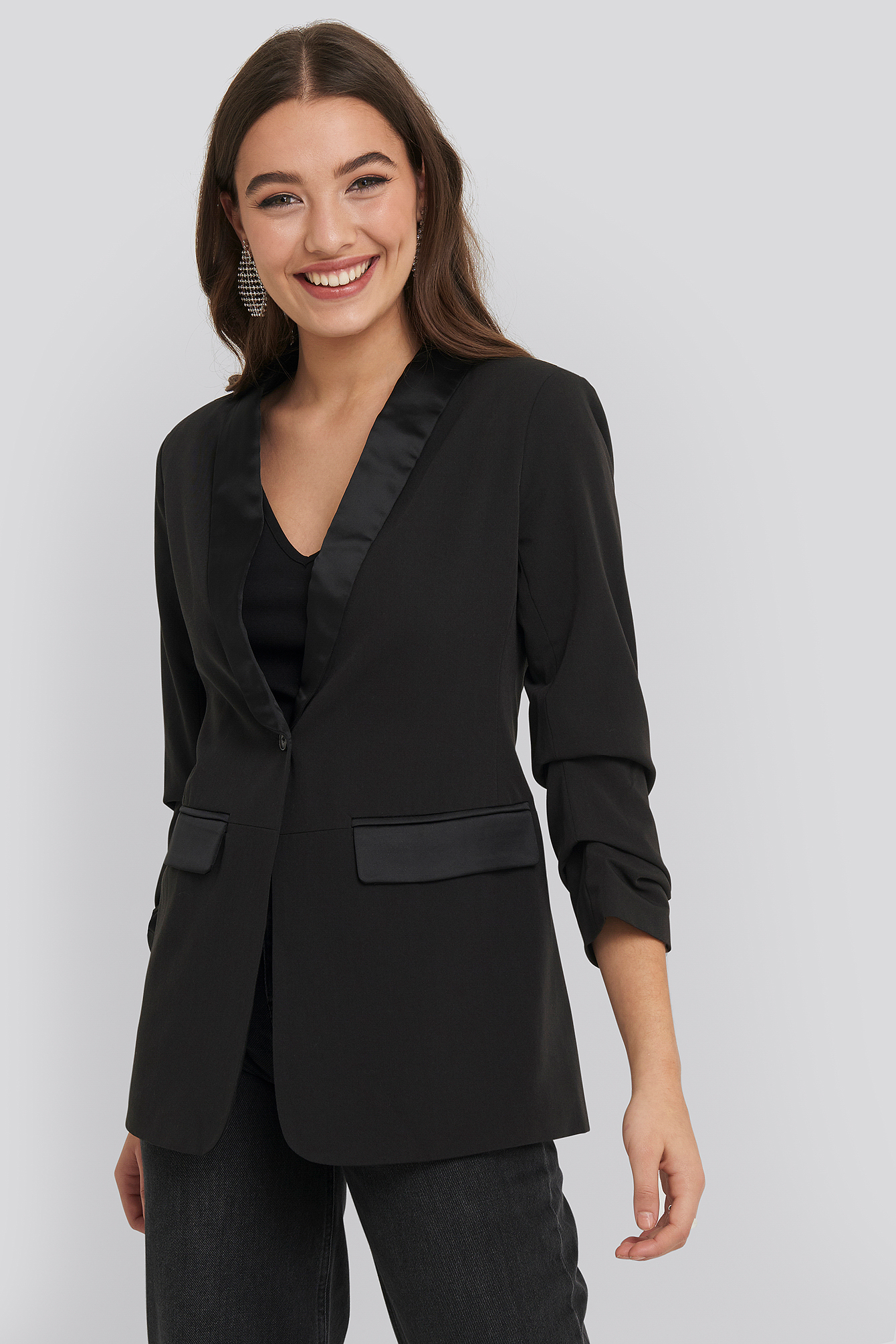 Gathered Sleeve Satin Collar Blazer Black