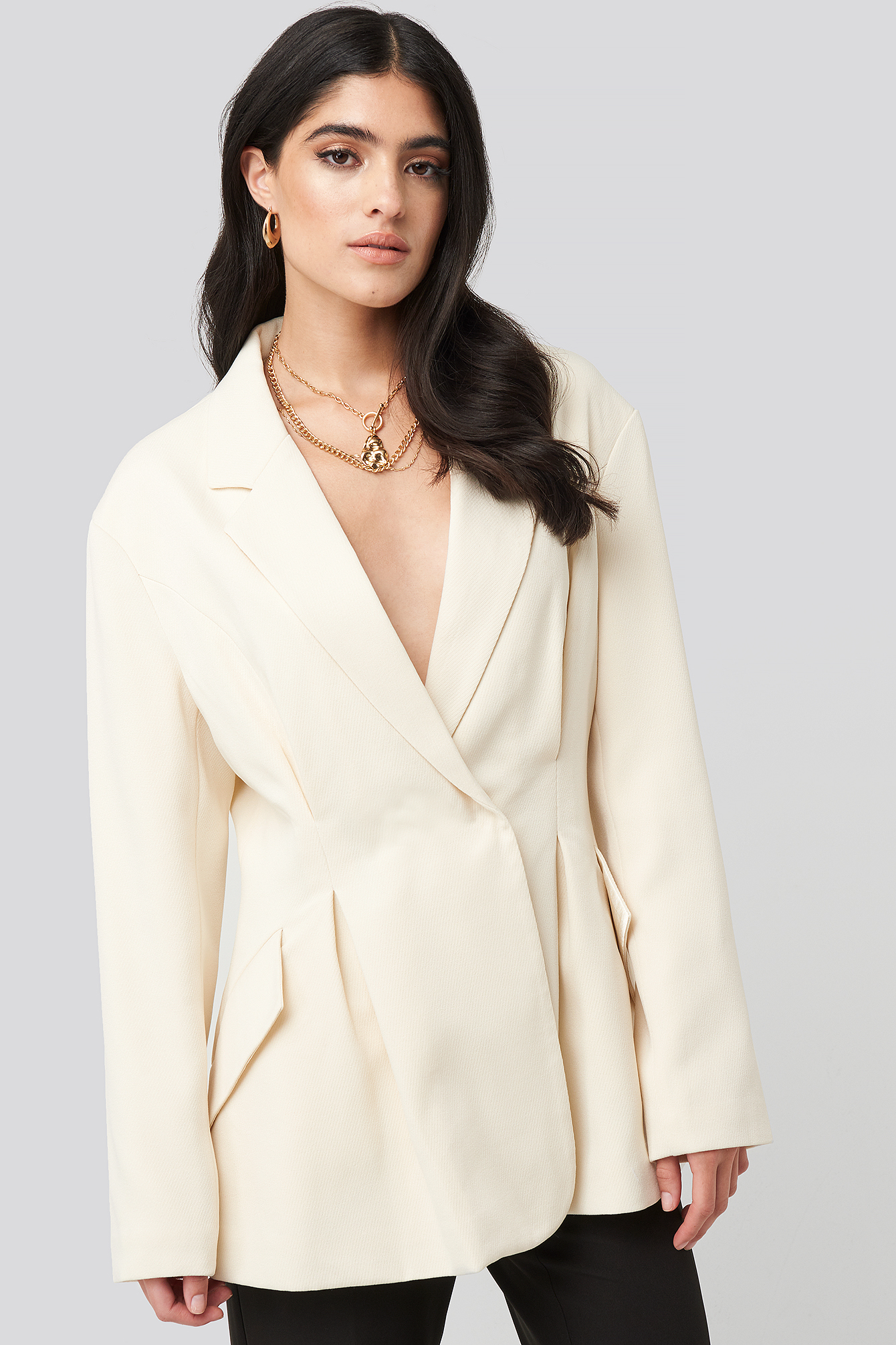 Gathered Waist Blazer Cream