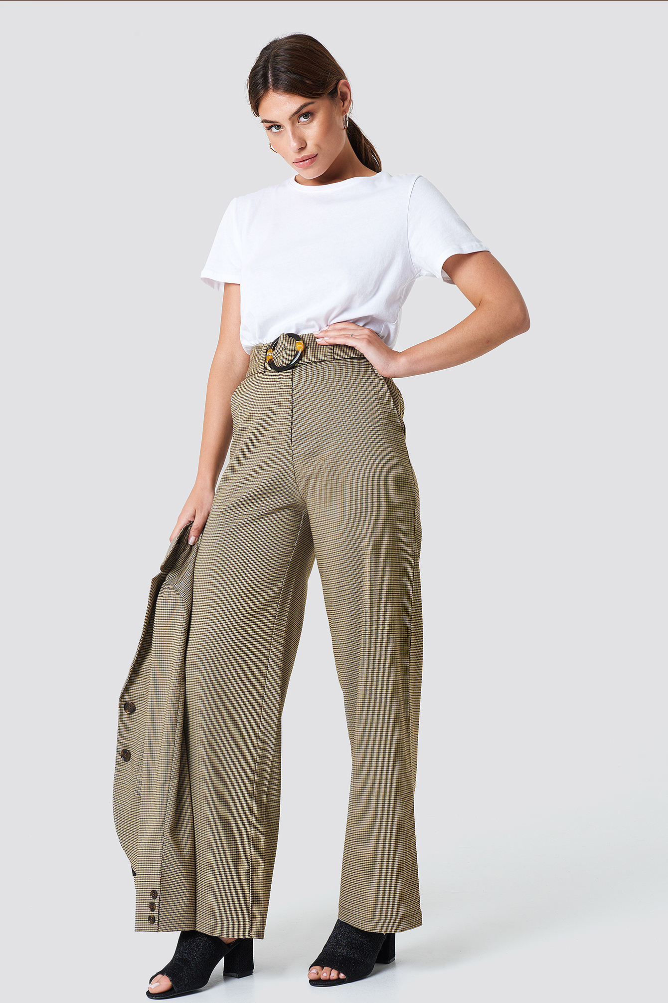 Gathered Waist Dog-tooth Pants Brown
