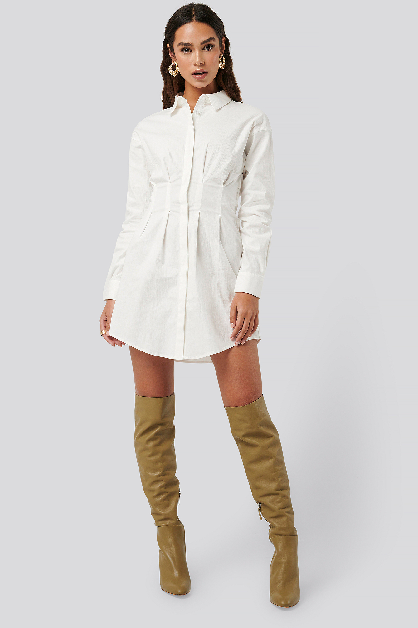 Gathered Waist Mini Shirt Dress White