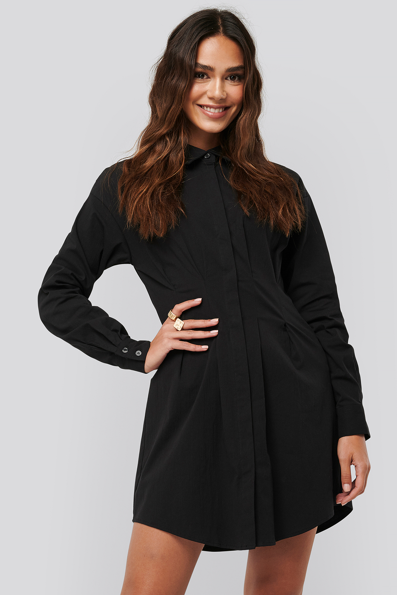 Gathered Waist Mini Shirt Dress Black 
