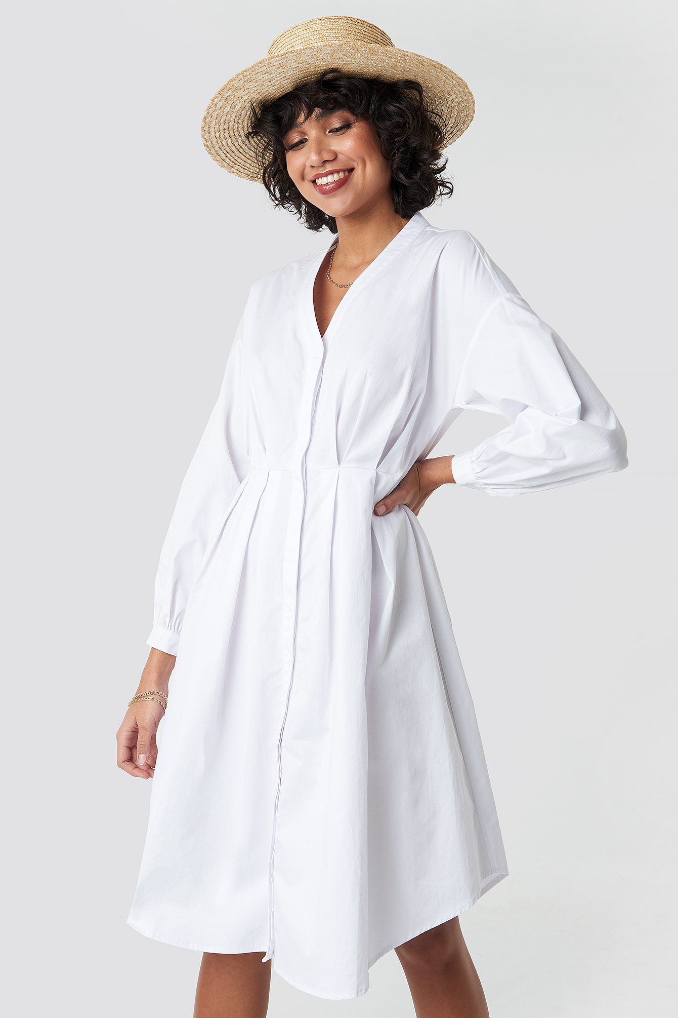 Gathered Waist Shirt Dress White