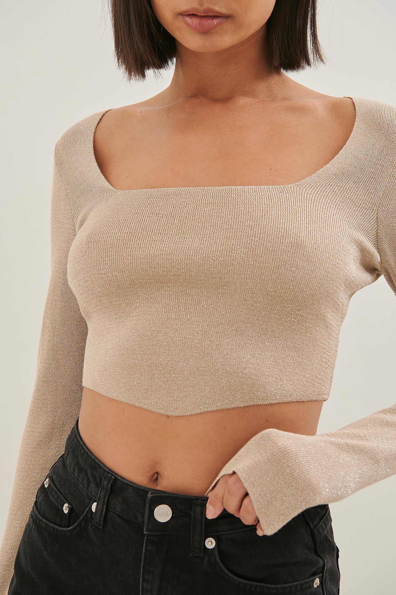 Glitter Cropped Knitted Top Beige