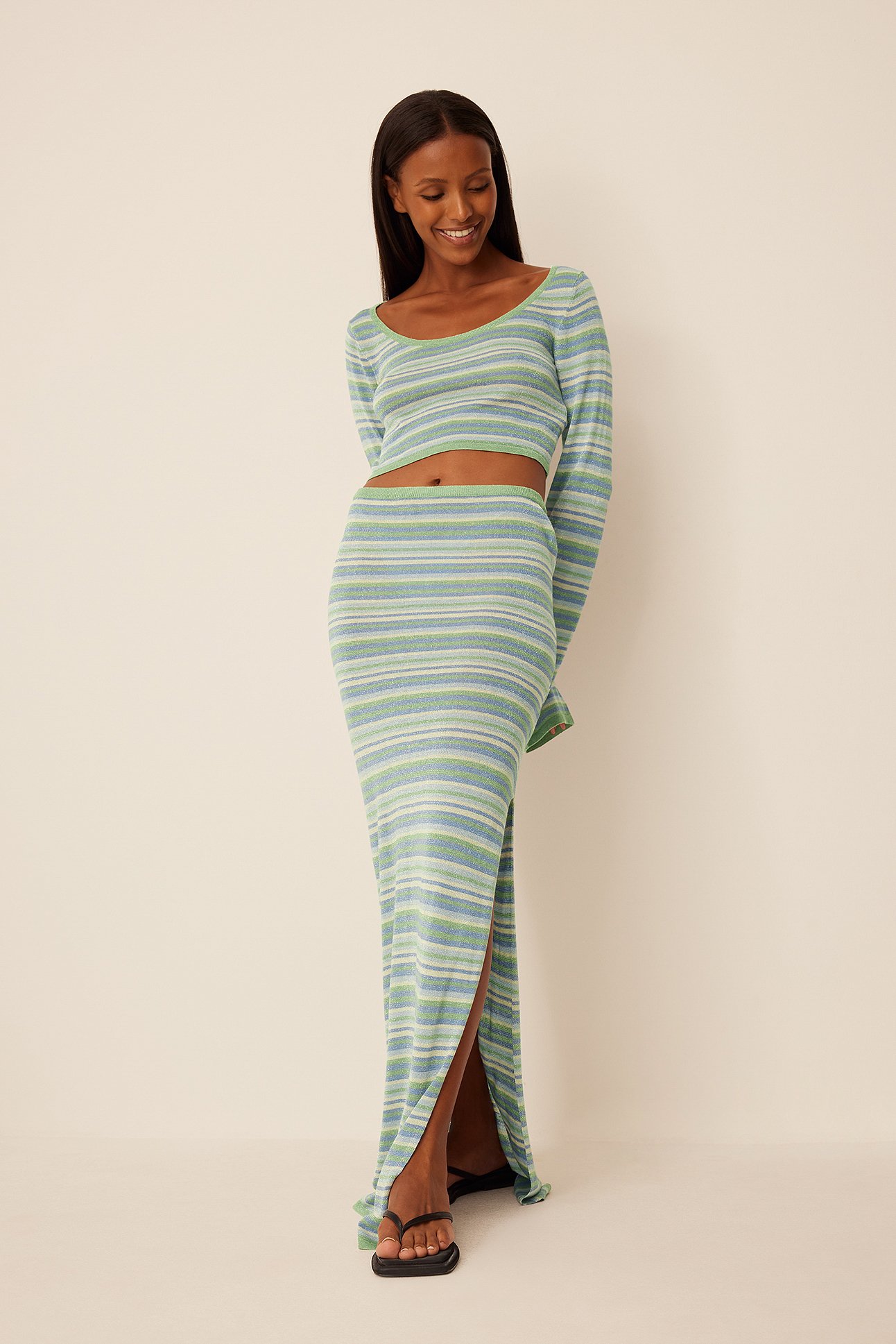 Blue Stripe Glittery Knitted Maxi Skirt