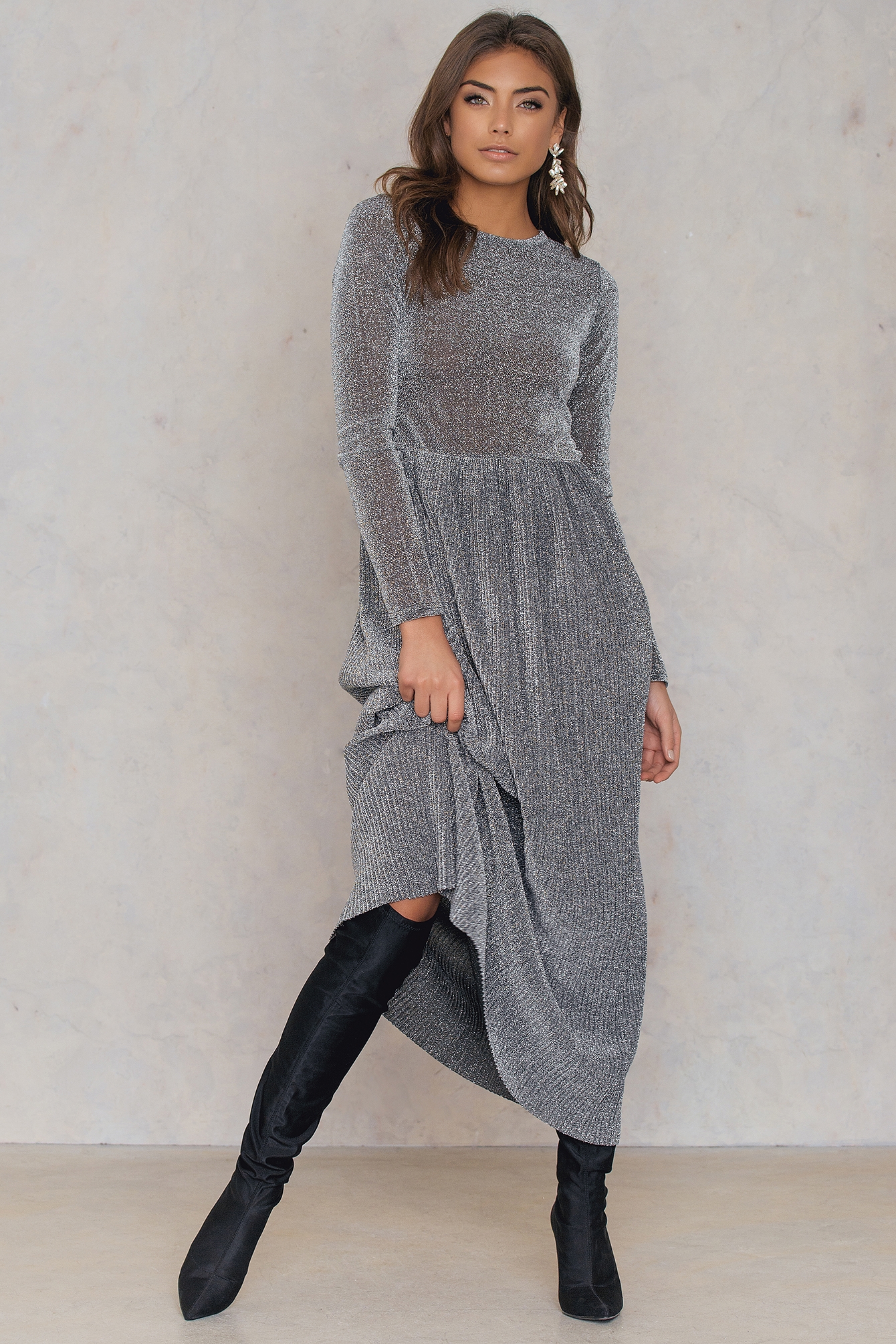 Glittery Pleated LS Dress Silver NAKD