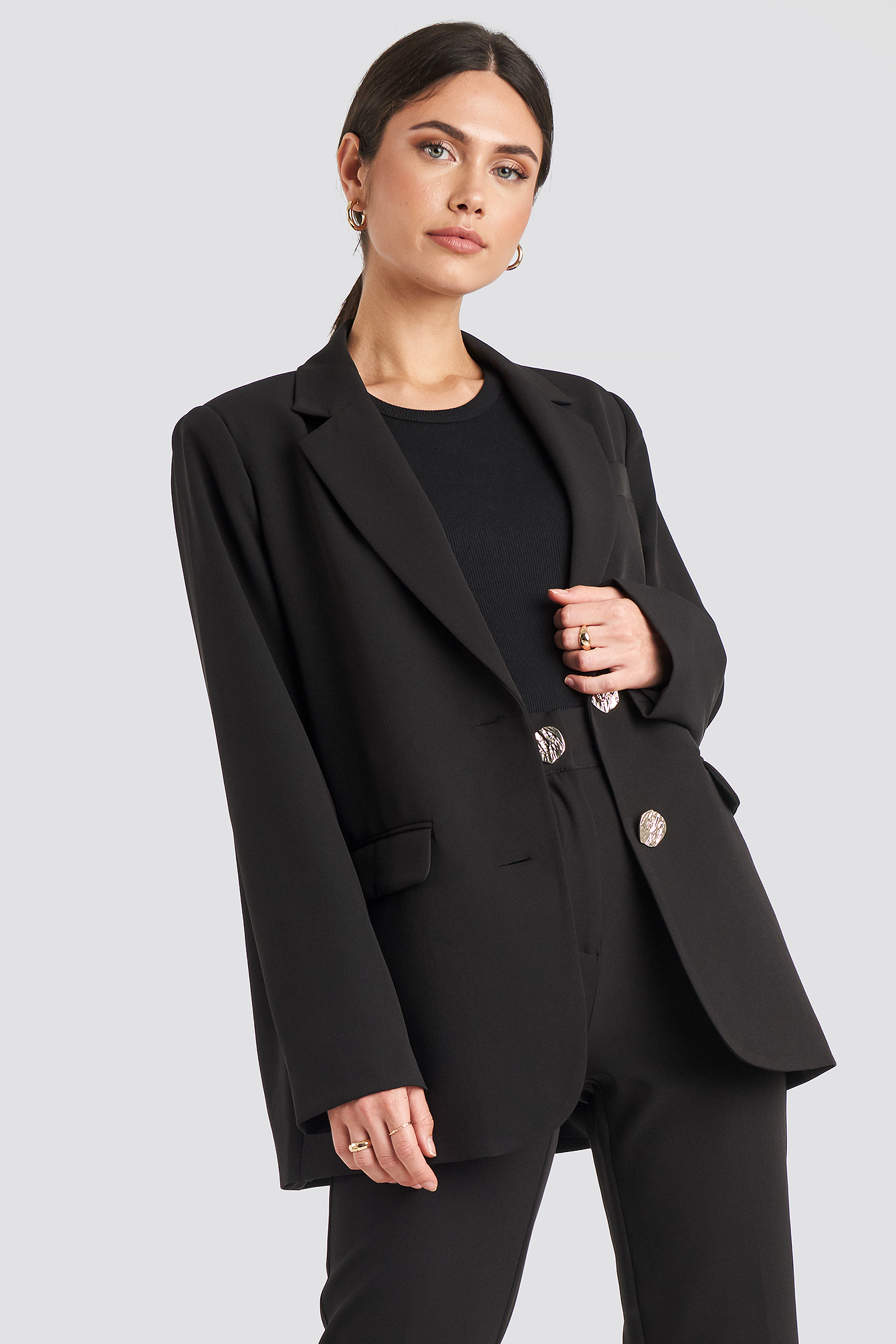 Gold Button Oversized Blazer Black